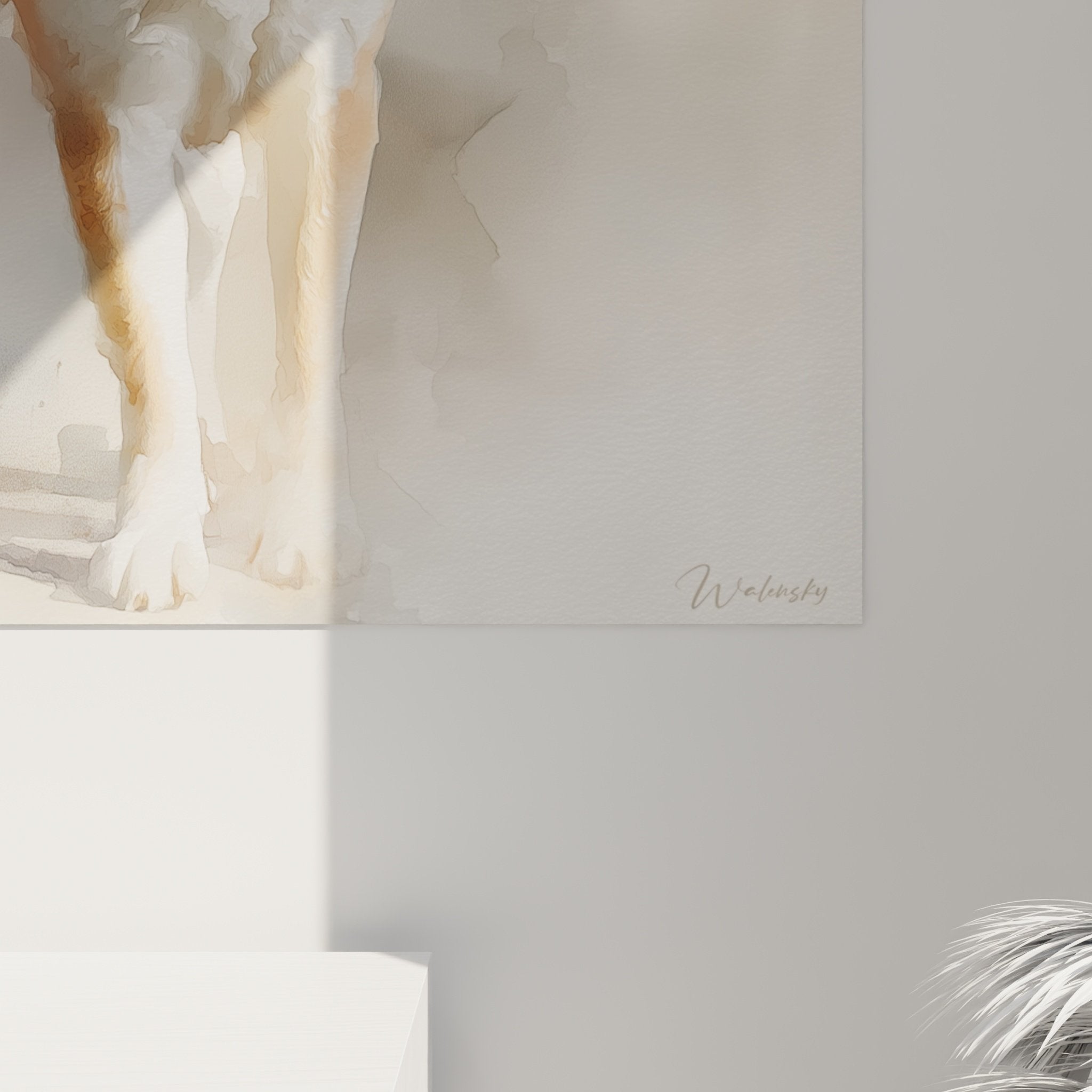 Vue ensemble tableau Shiba Inu aquarelle dans interieur contemporain, harmonie chromatique douce et raffinee