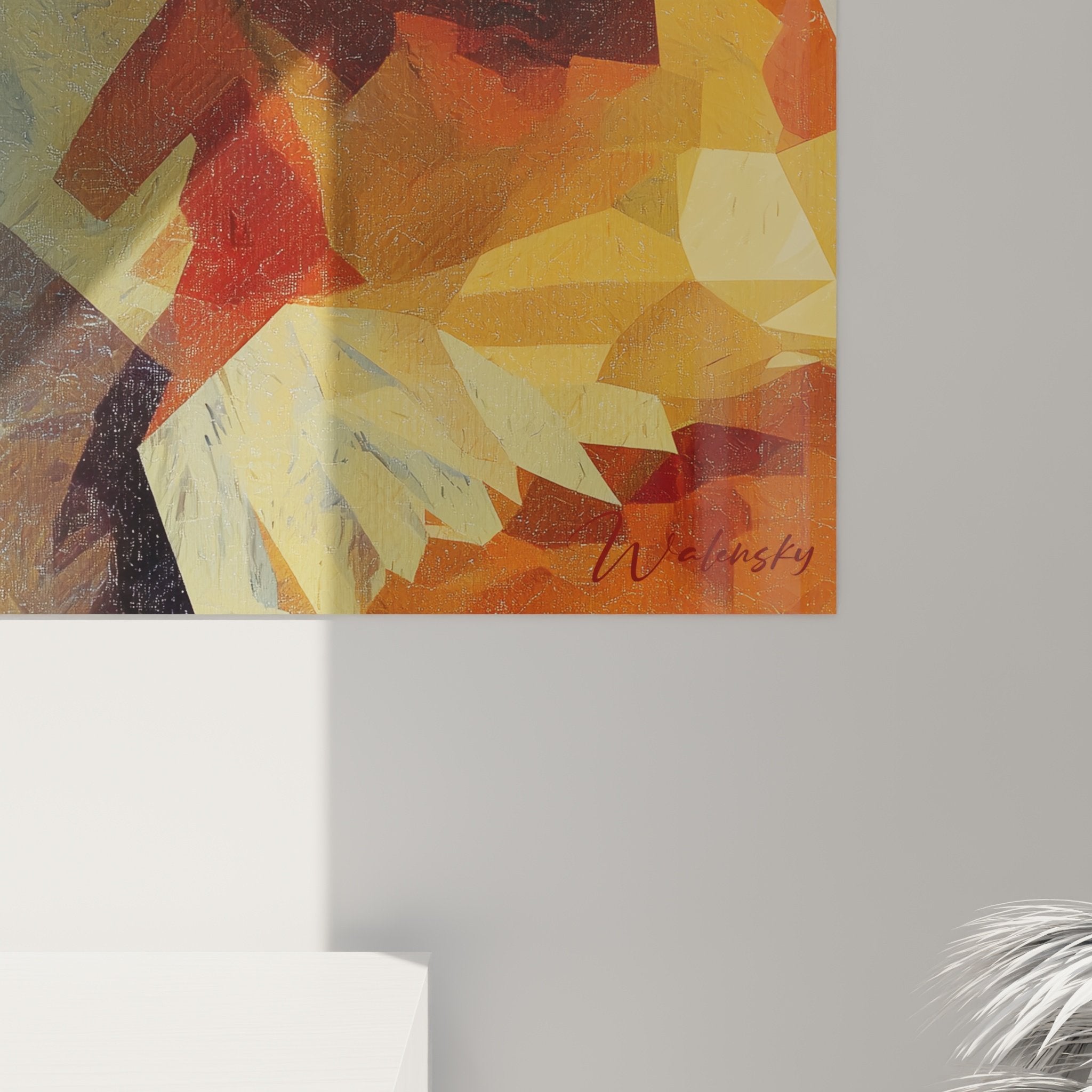 Overall view of geometric Shiba Inu orange blue wall art in modern interior contemporary wall decoration