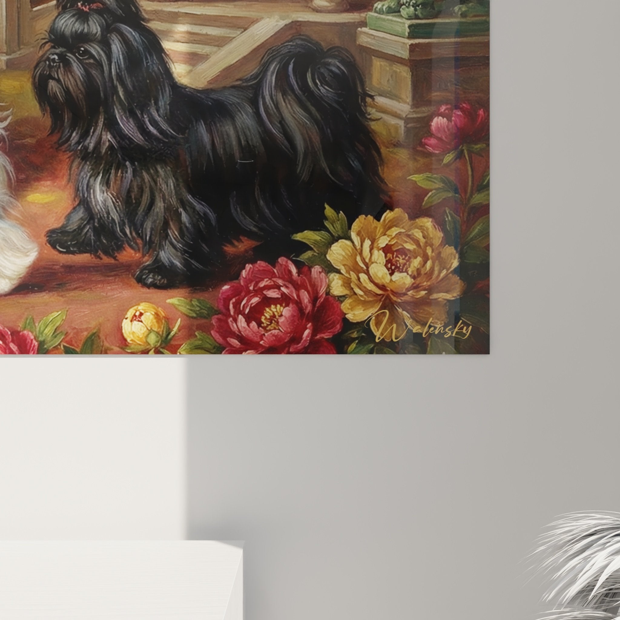 Vue ensemble tableau mural Shih Tzu trio décor palatial colonnes architecture classique art animalier