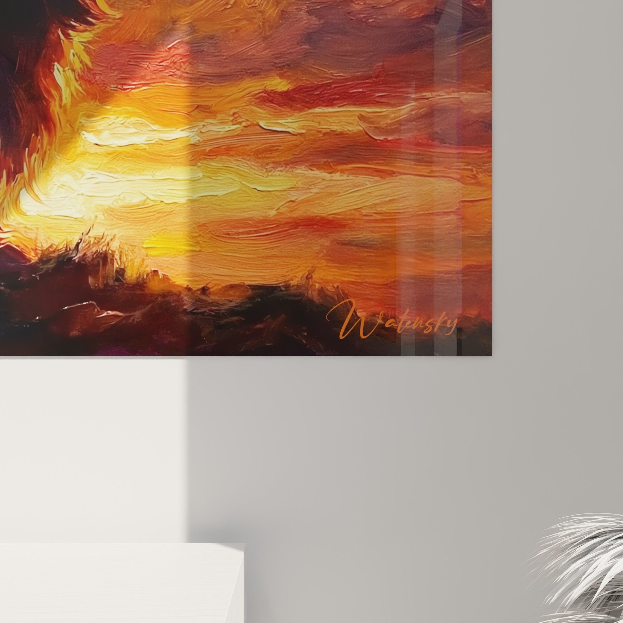 Vista d'insieme quadro Shih Tzu cielo infuocato arancione viola arredamento elegante interno