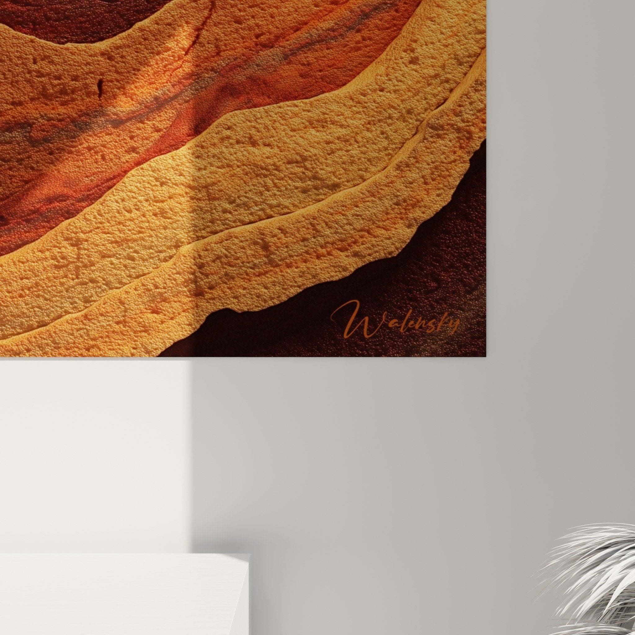 Full view spiral stoneware wall art in warm ochre orange tones luminous feng shui decoration northeast earth