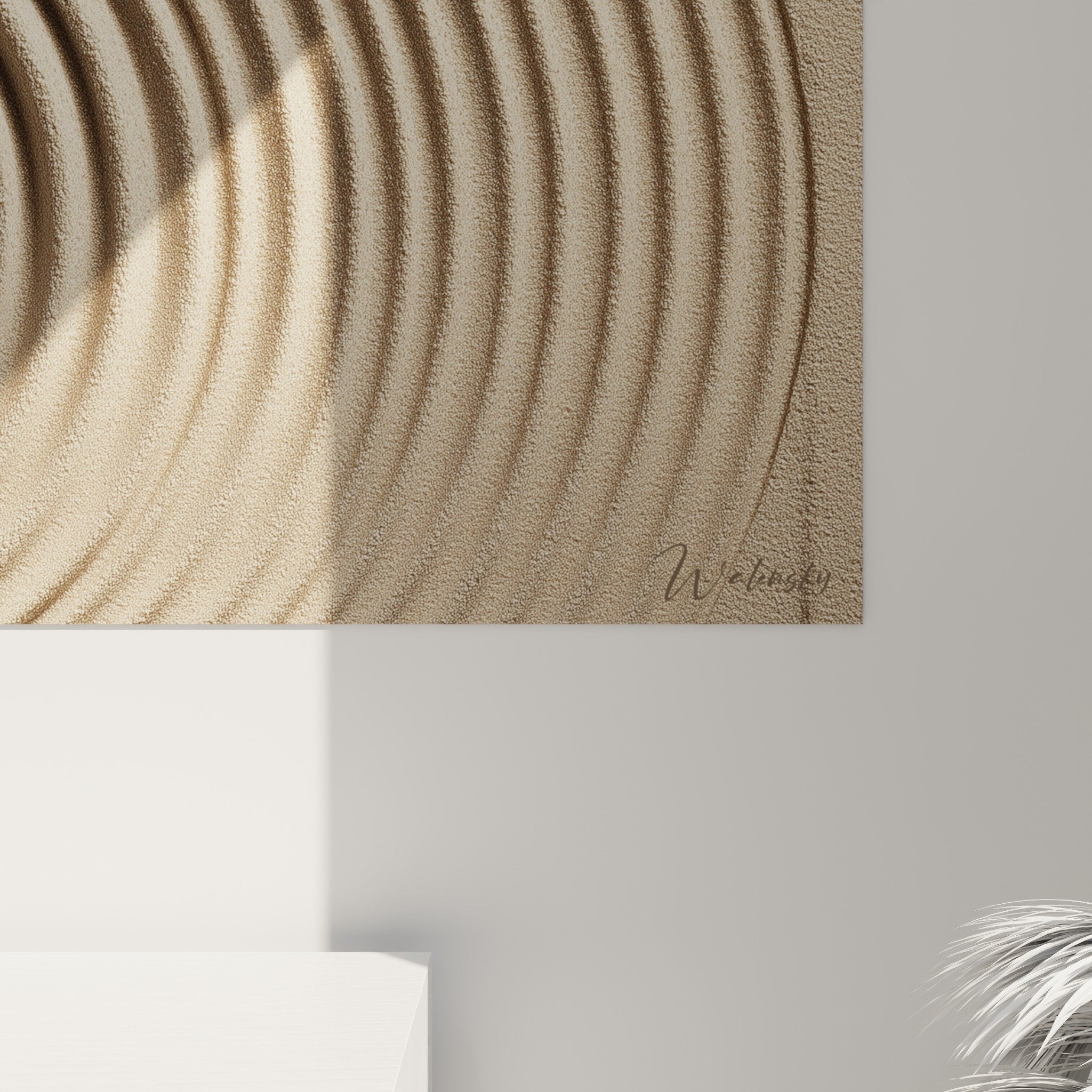 Perspective view beige spiral artwork concentric waves sculpted relief modern artistic wall decoration
