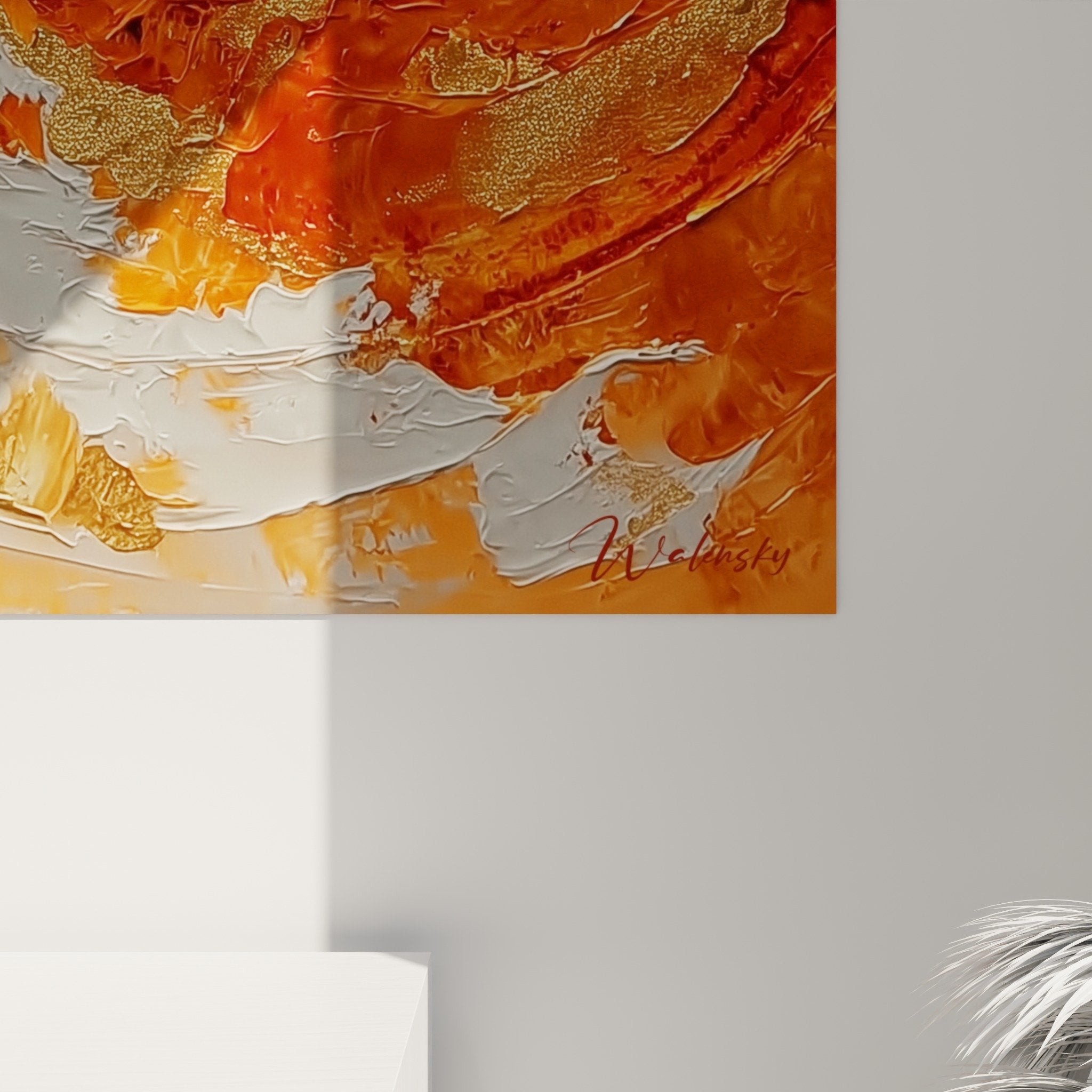 Vue perspective tableau spirale orange doree feng shui sud feu decoration murale salon moderne chaleureux