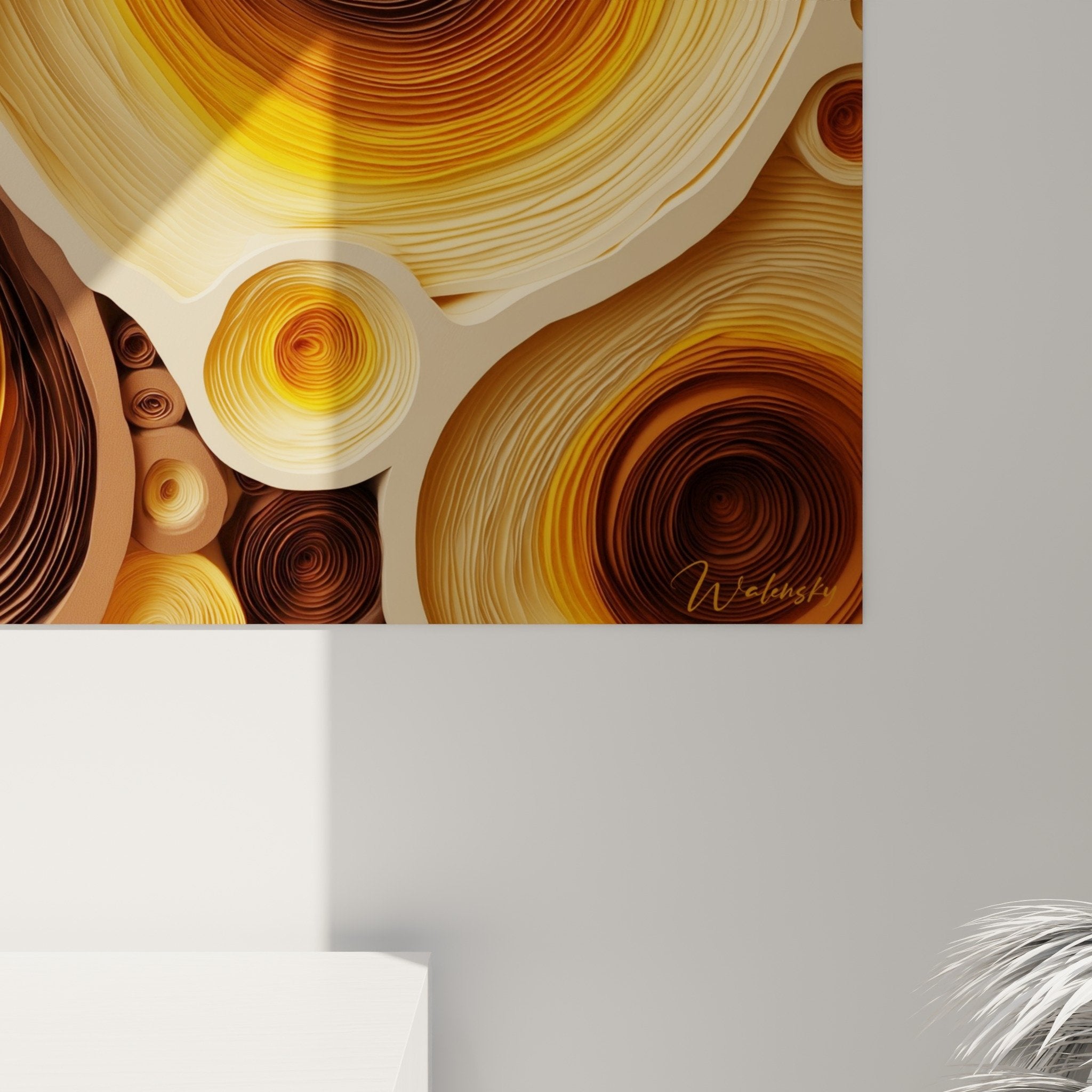 Overall view bronze ochre spirals wall art feng shui northeast earth living room decoration