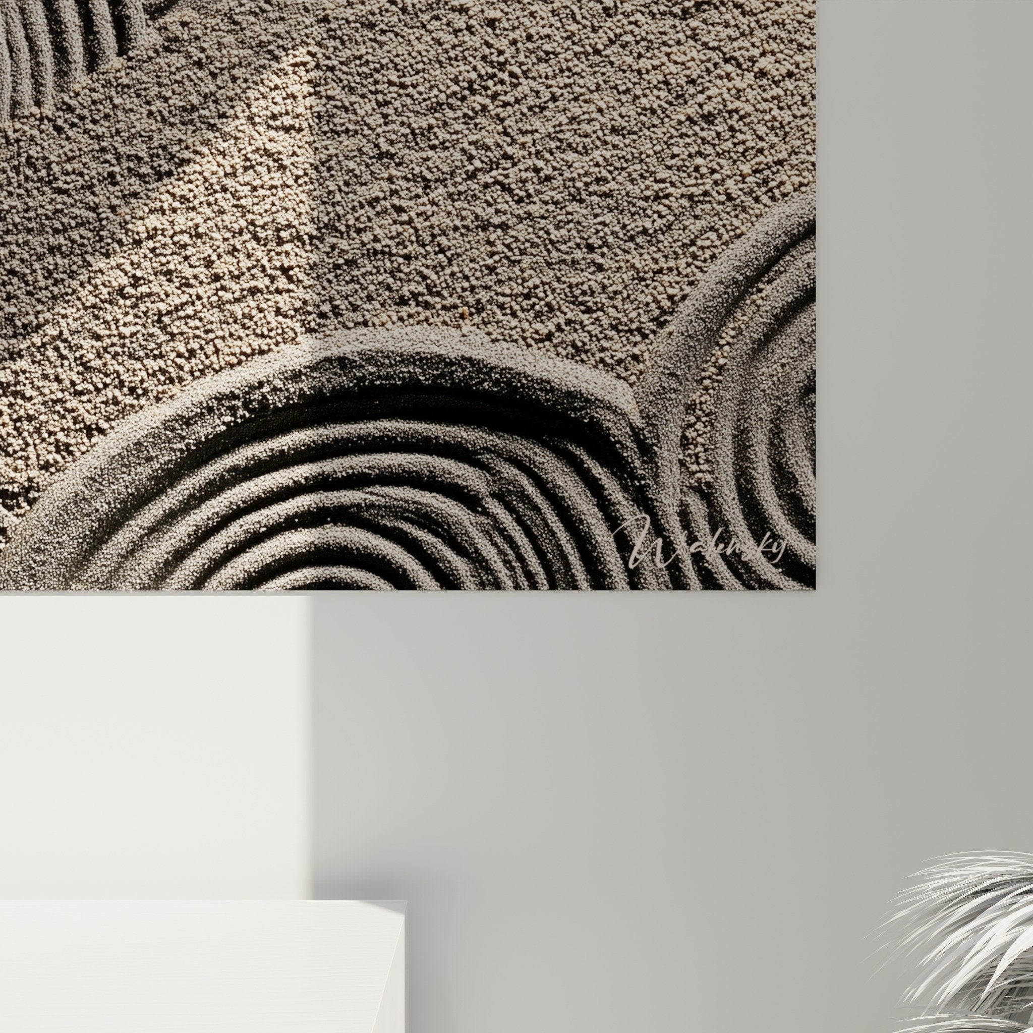 vue ensemble tableau spirales sable beige gris format panoramique decoration murale moderne