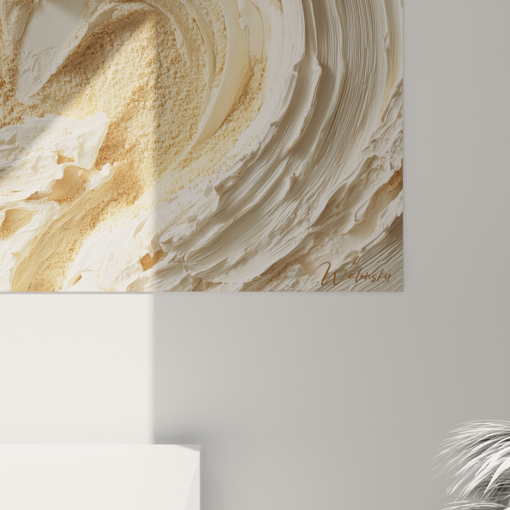 Overall view of beige spiral relief wall art for living room zen Feng shui Earth Center decor