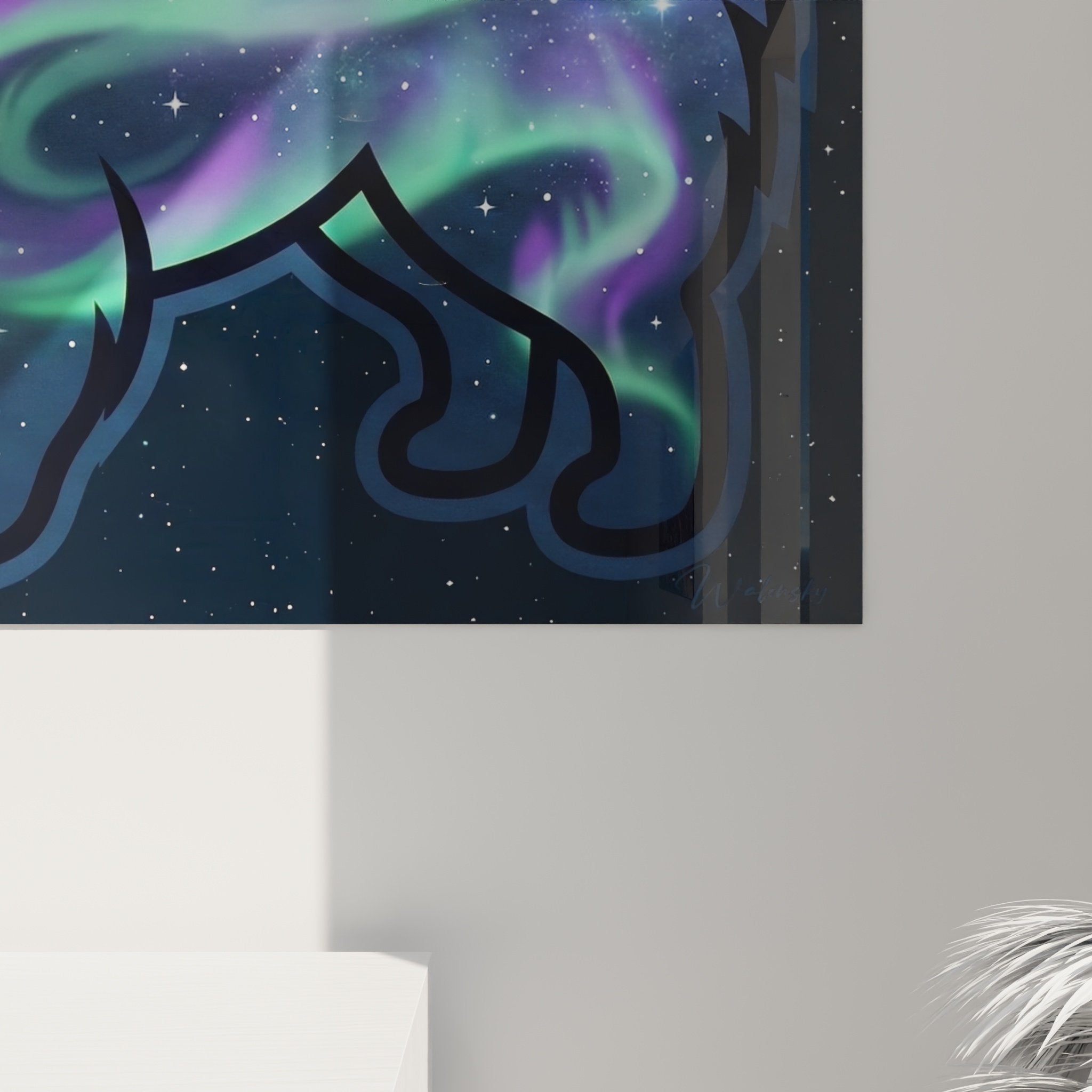 vue ensemble tableau spitz cosmique aurore boreale decoration interieur moderne art canin violet vert etoiles