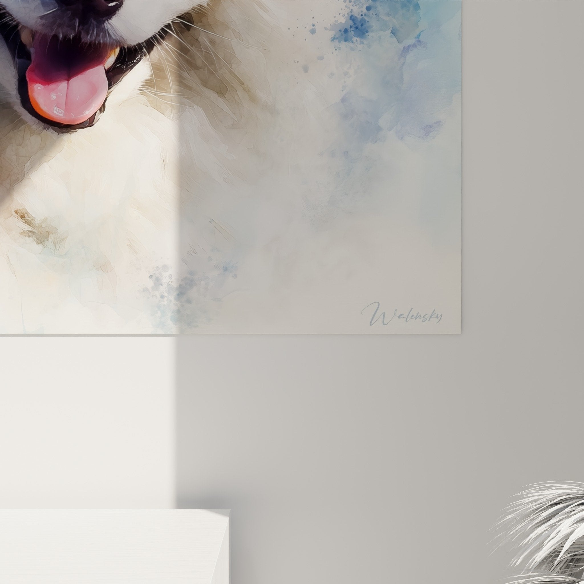 Vue ensemble tableau Spitz Japonais aquarelle bleue decoration interieur