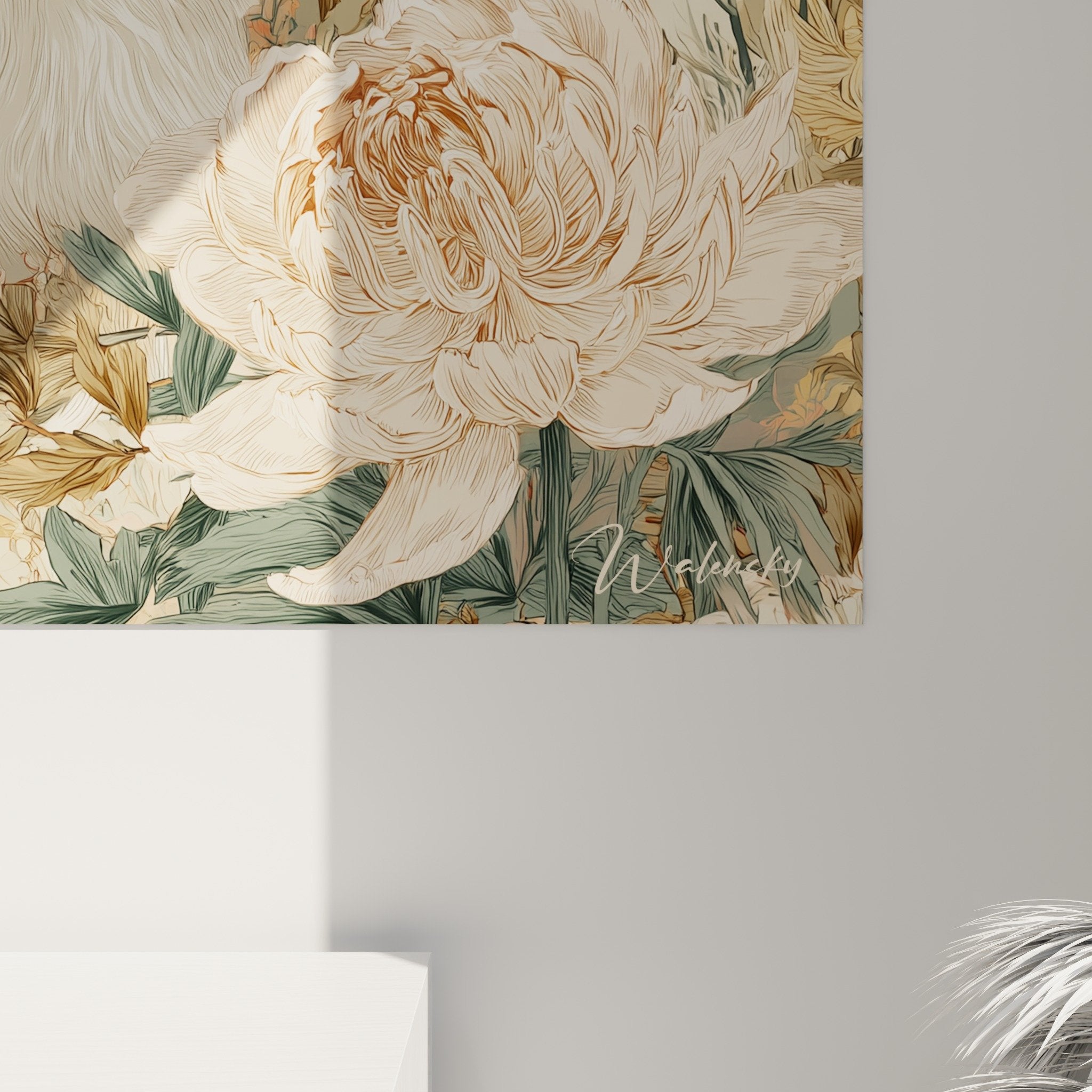 vue ensemble tableau spitz japonais jardin fleurs pivoines chrysanthemes decoration art japonais mural