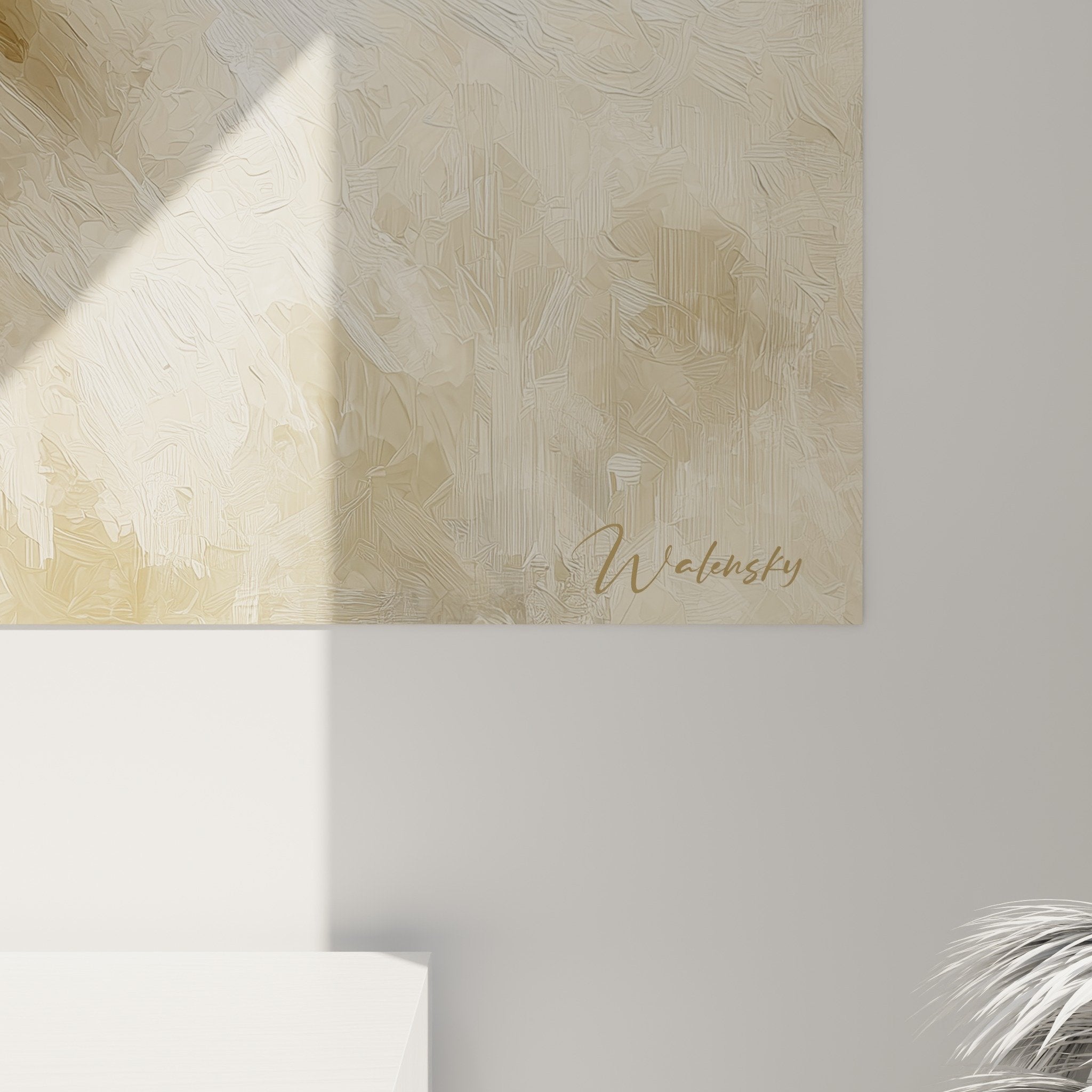 Vue ensemble tableau Spitz Japonais salon décoration murale palette crème beige style contemplatif