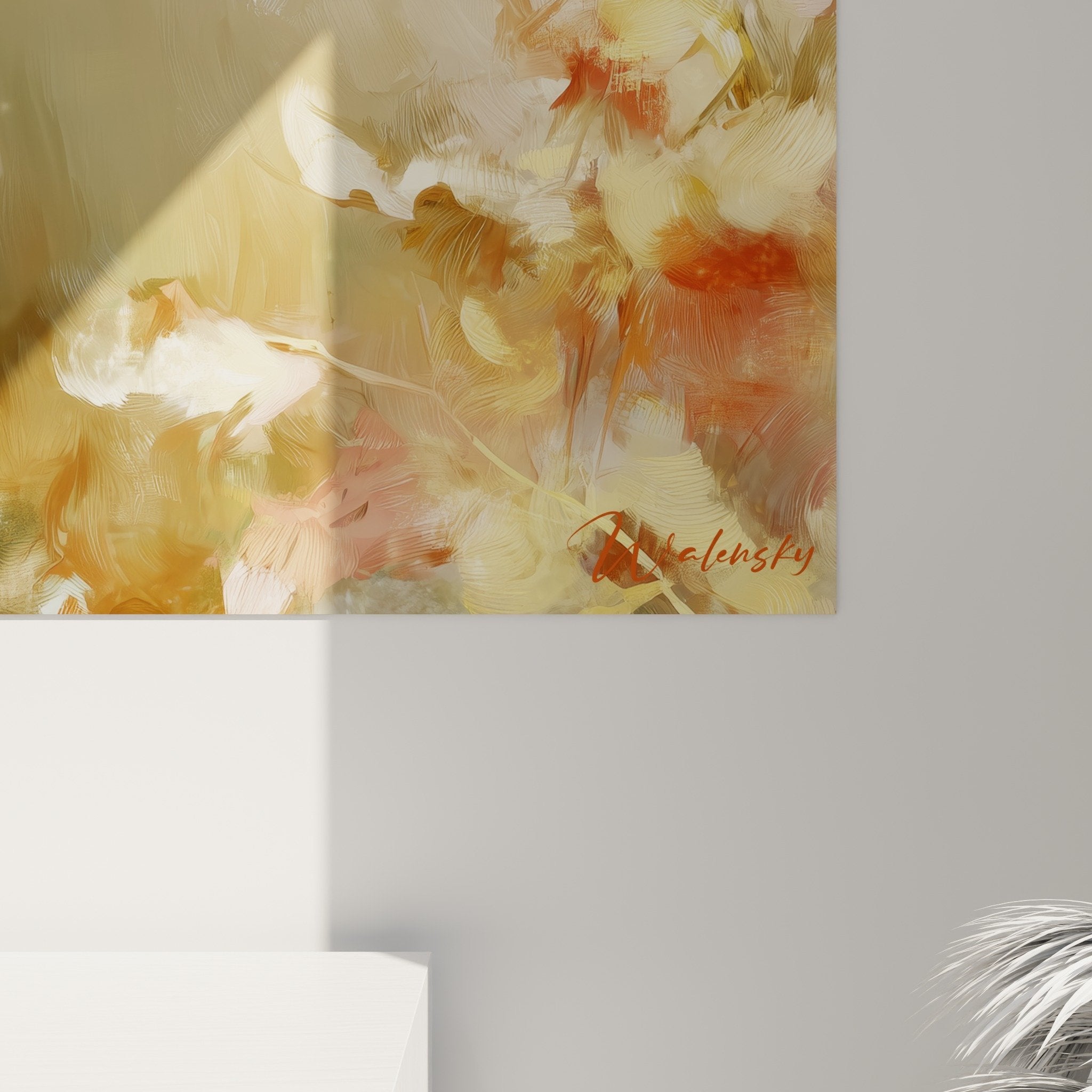 Vue ensemble tableau Spitz Japonais portrait animalier tons dores beiges decoration interieure murale artistique