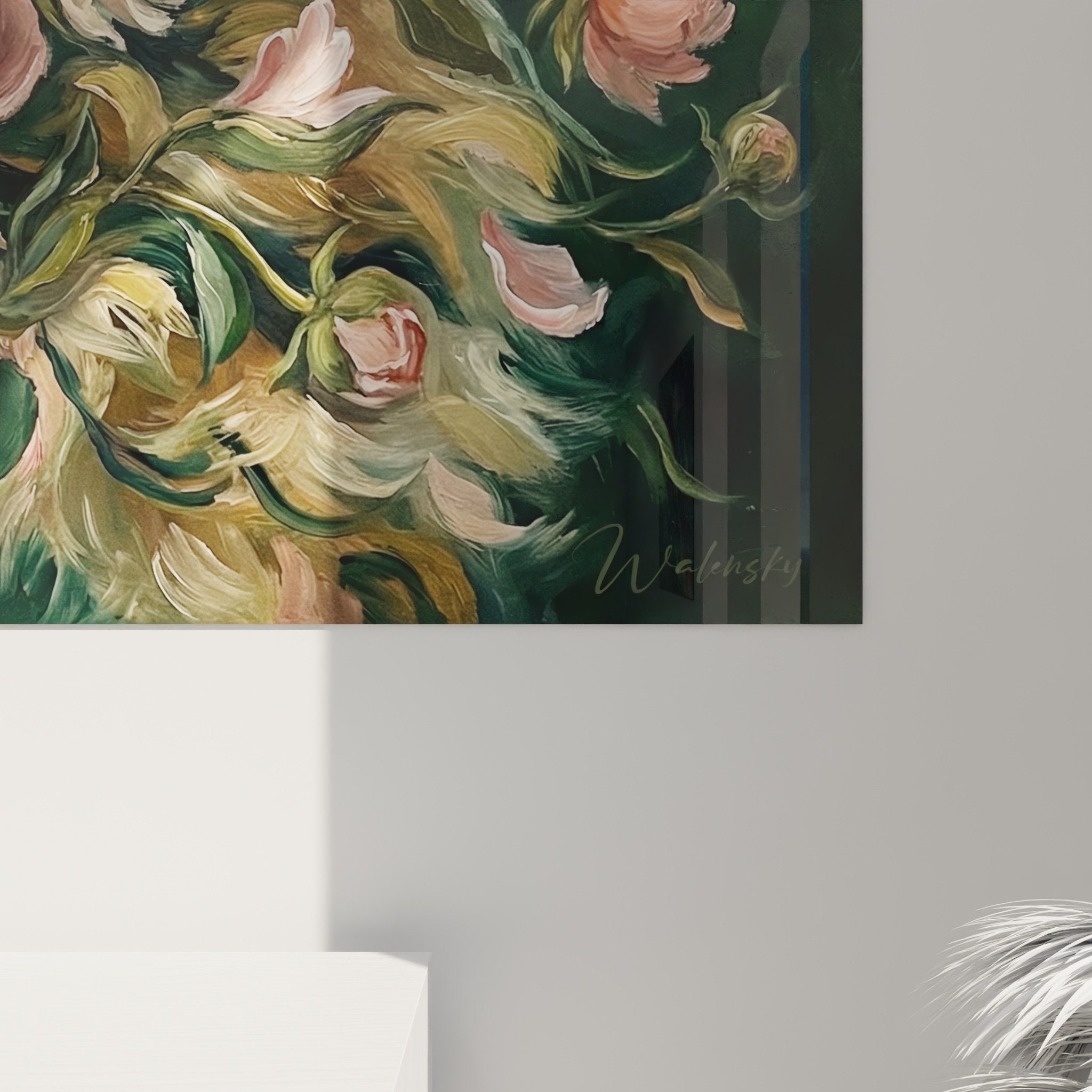 Vue ensemble tableau mural spitz pomeranien pivoines composition florale harmonie tons roses dores verts