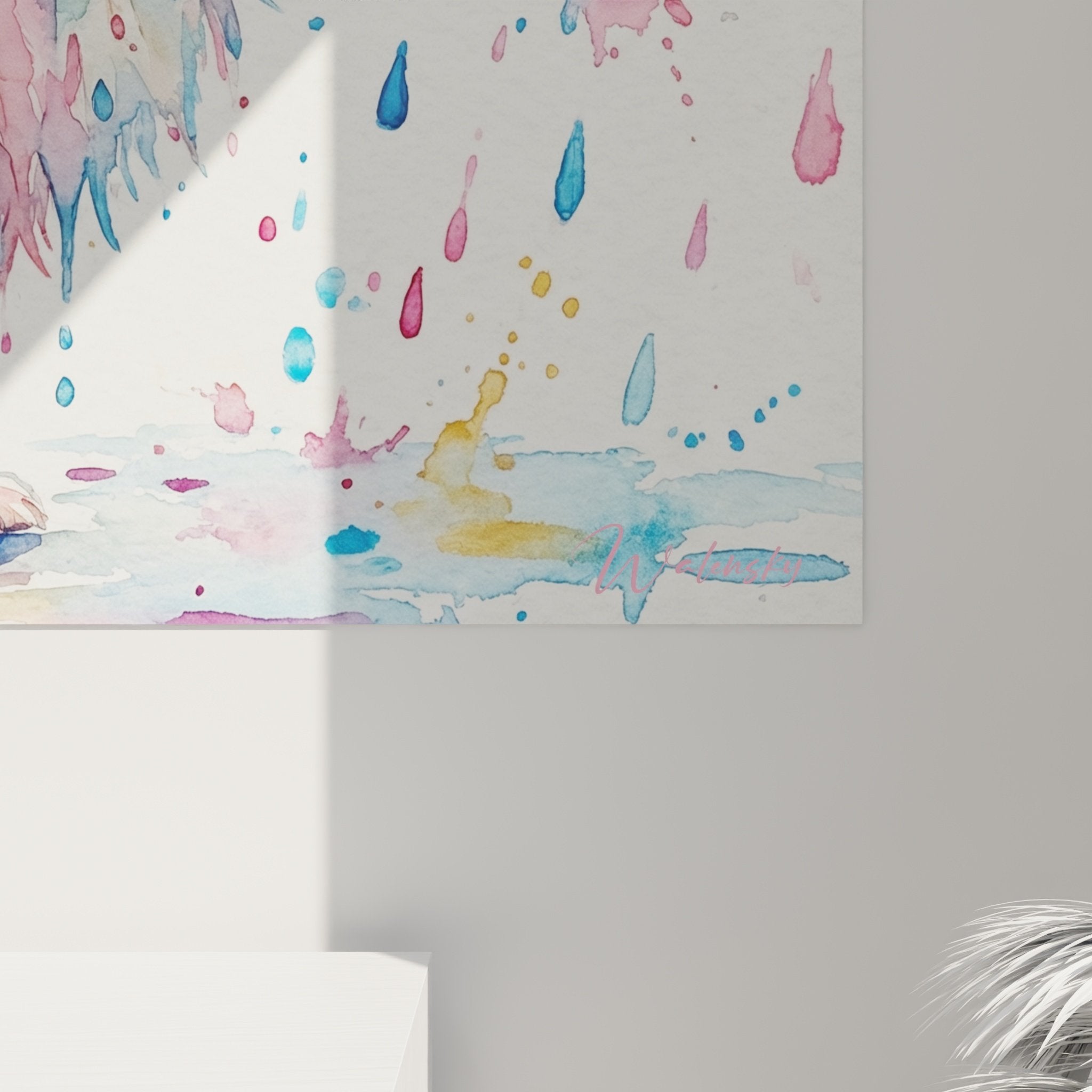 Vue ensemble tableau art contemporain Spitz Pomeranien gouttes colorees effet pluie artistique