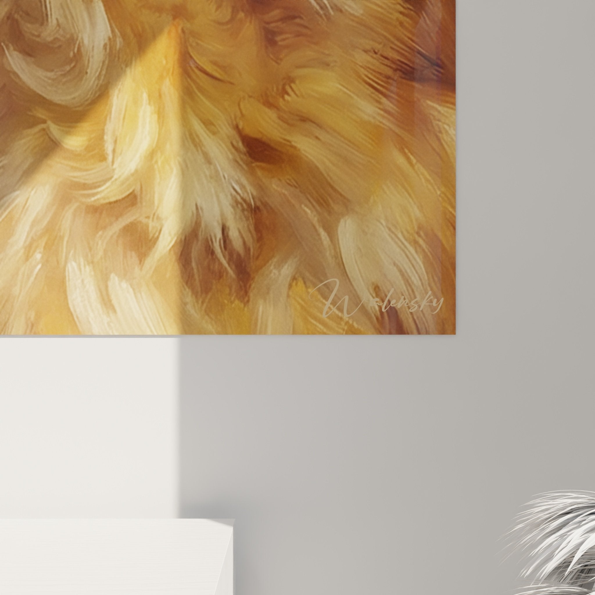 Vue ensemble tableau mural Spitz Poméranien, art canin tons cuivrés, décoration intérieure élégante