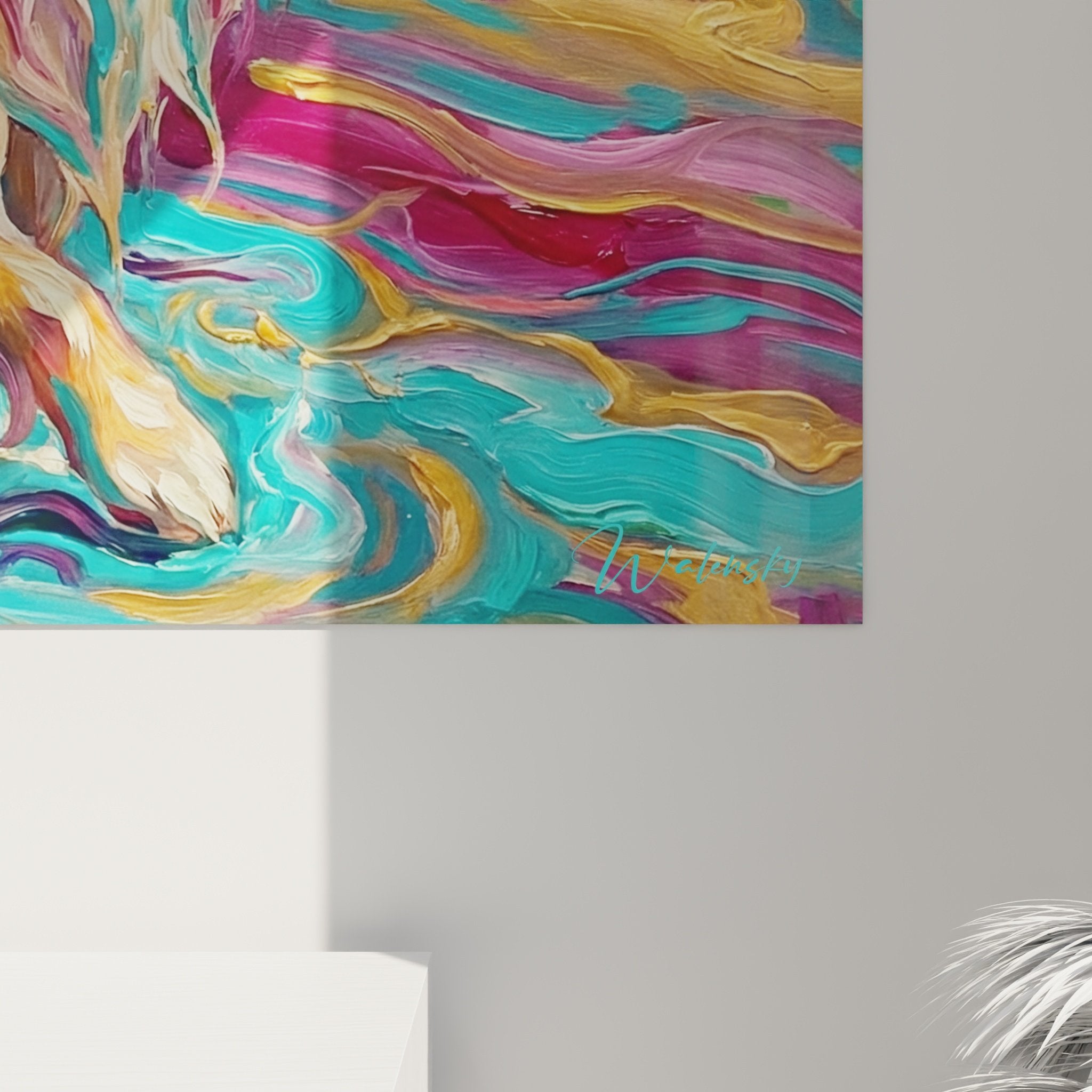 Vue ensemble tableau Spitz Pomeranien art contemporain spirales colorees decoration murale moderne