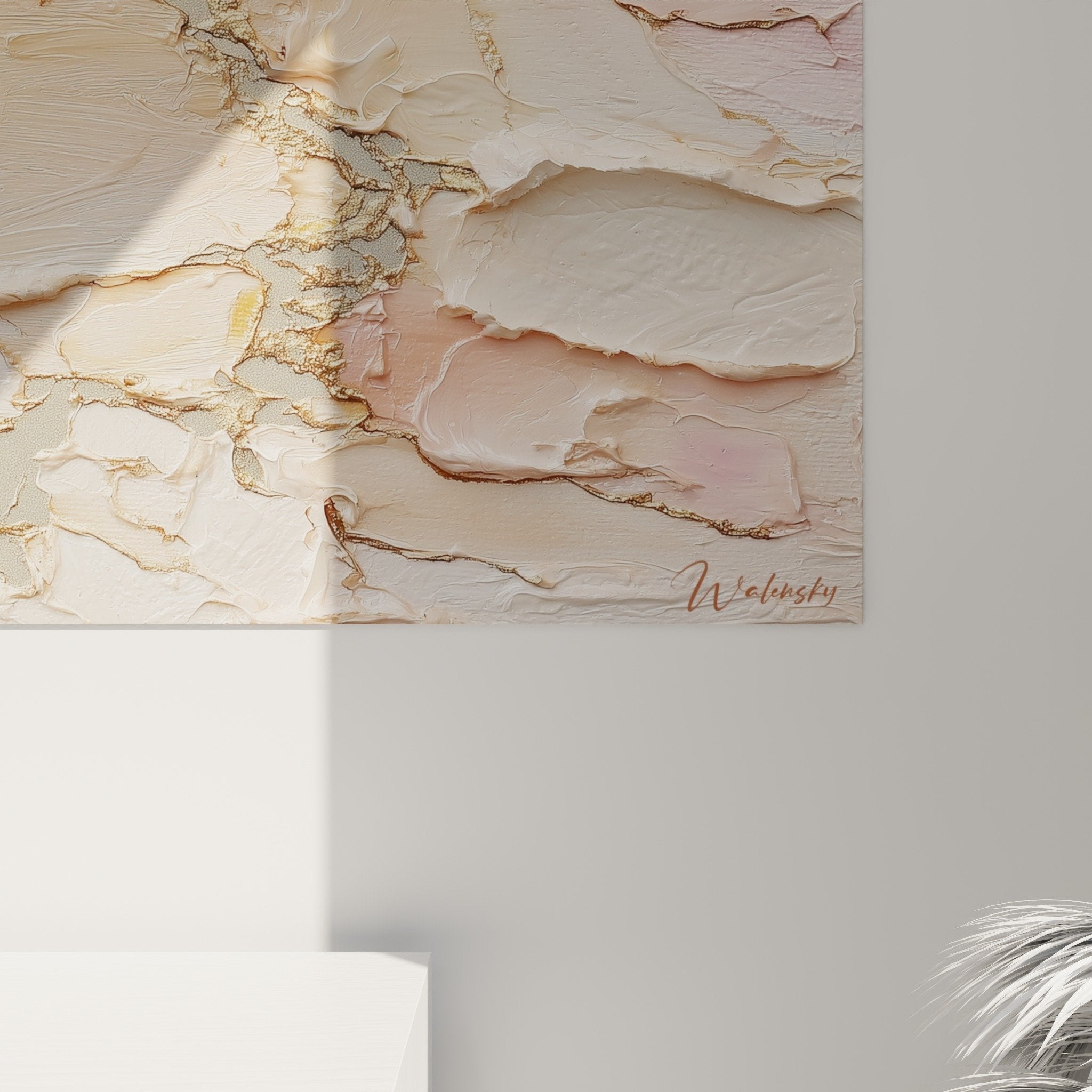 Abstract layered artwork in beige and rose tones, modern living room, zen feng shui earth center decor