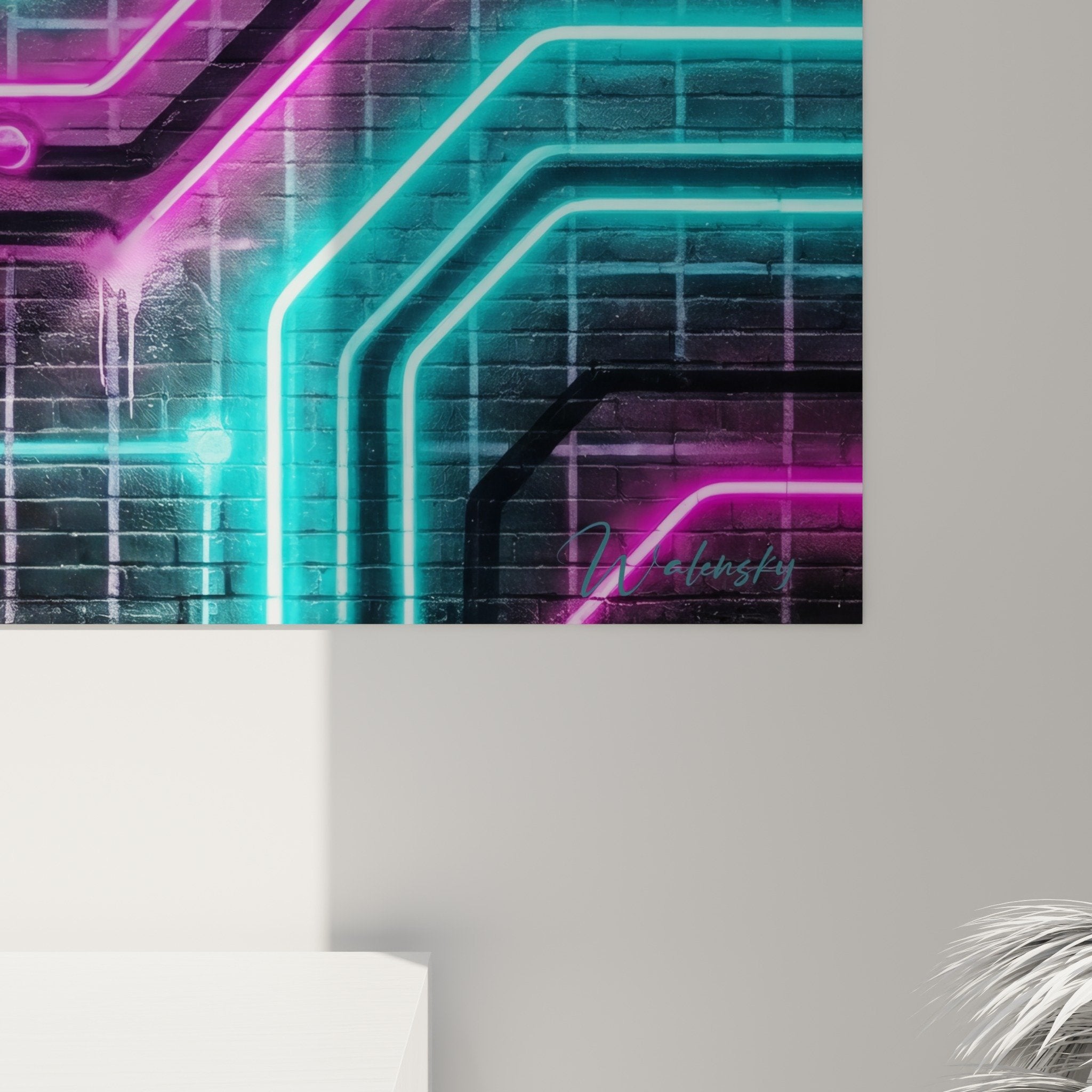 Vue ensemble tableau street art neon circuits technologiques cyan magenta