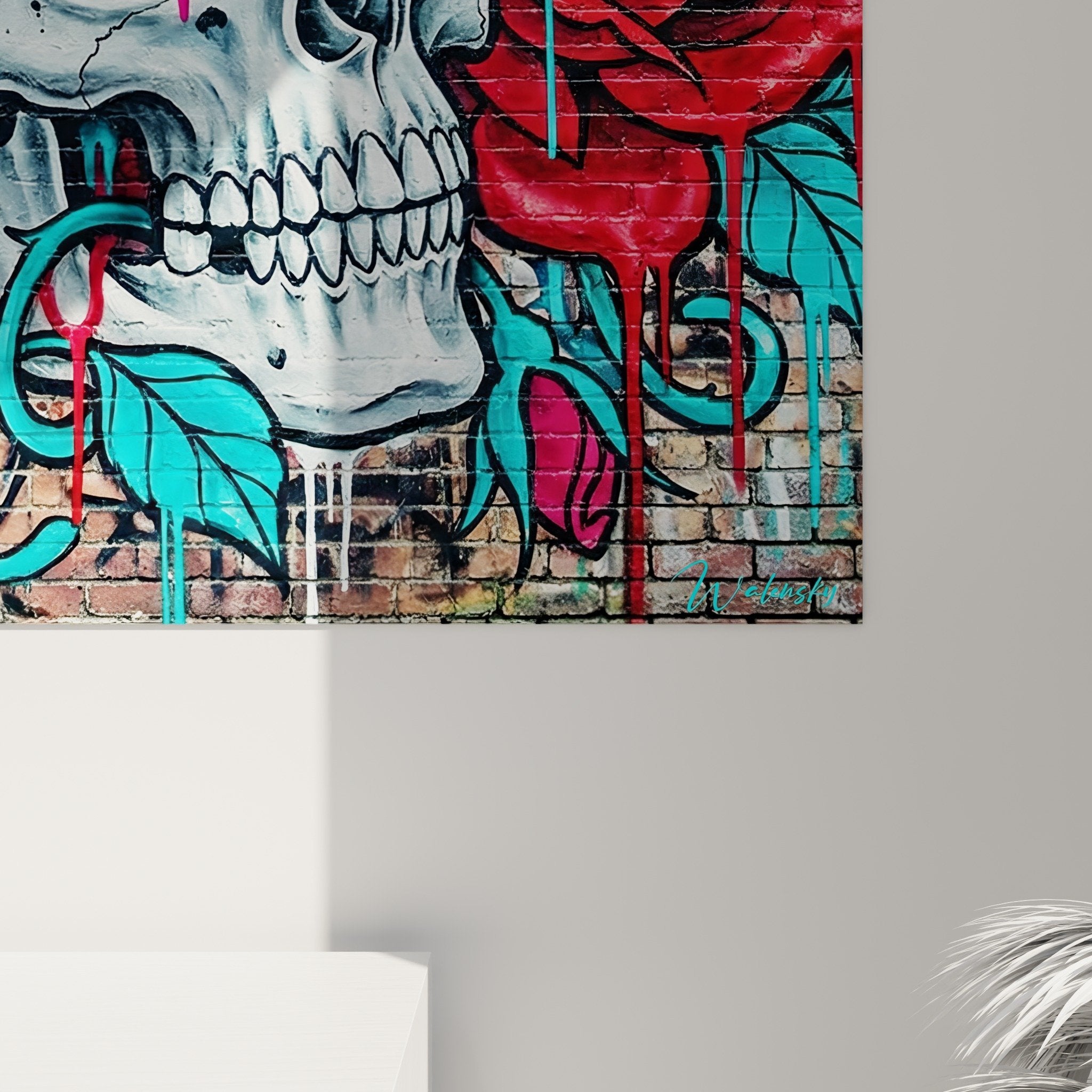 Vue ensemble tableau street art neon crane roses salon moderne decoration murale urbaine couleurs vives