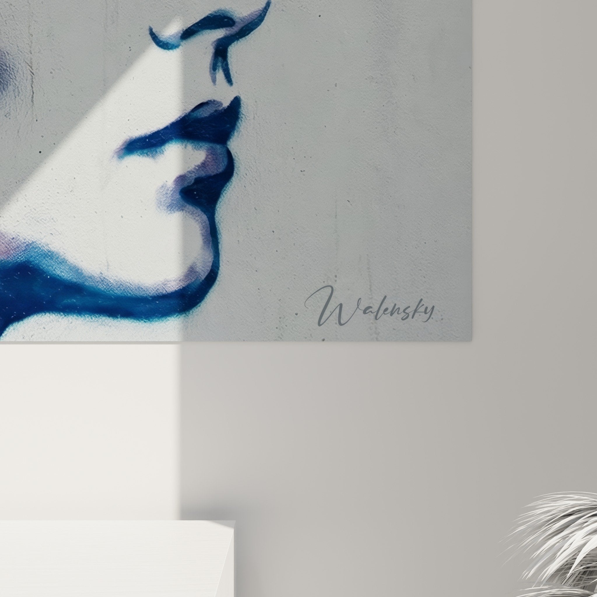 Overall view stencil street art painting duality faces orange blue modern wall decoration
