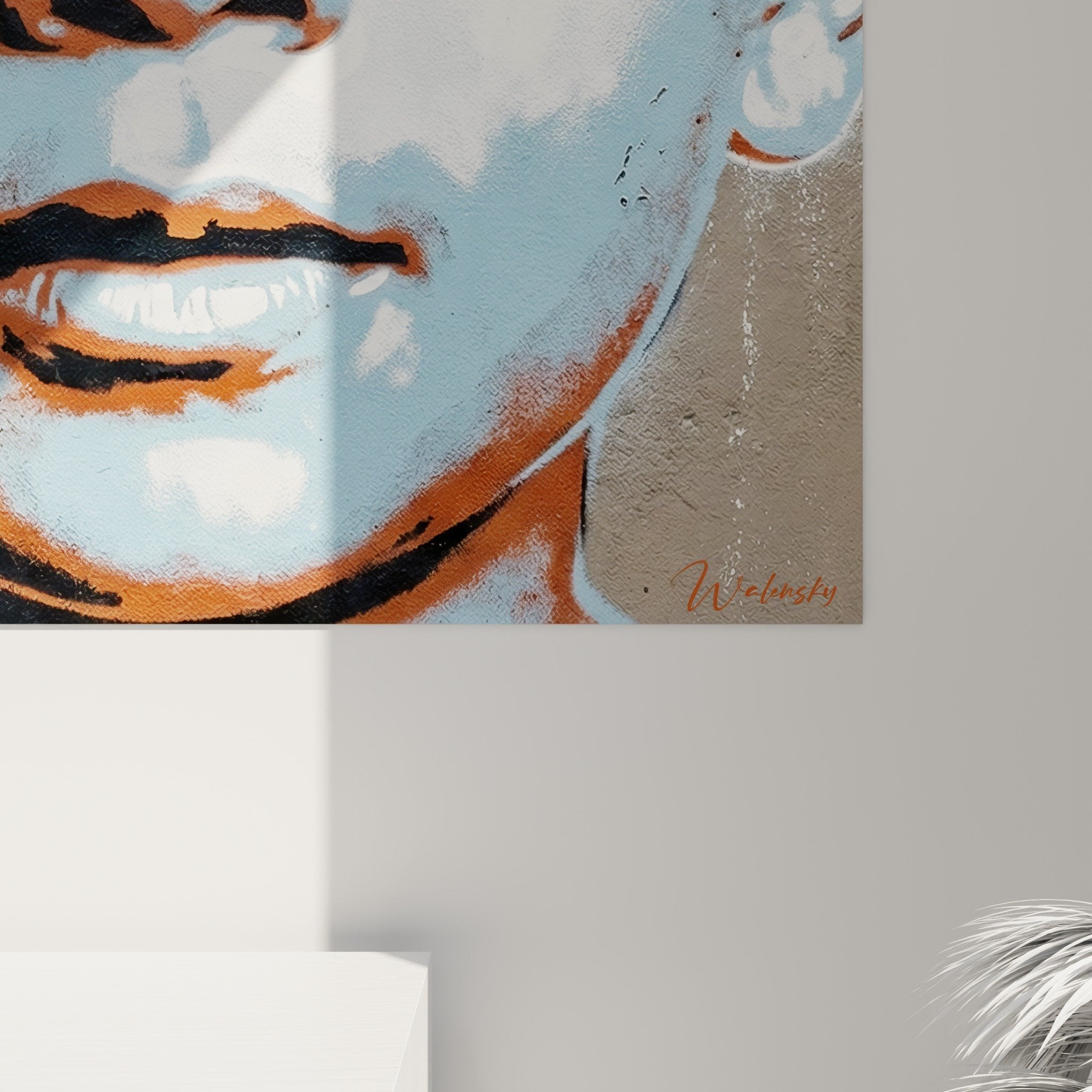 Full view portrait stencil street art modern wall decoration blue and orange contrasting tones