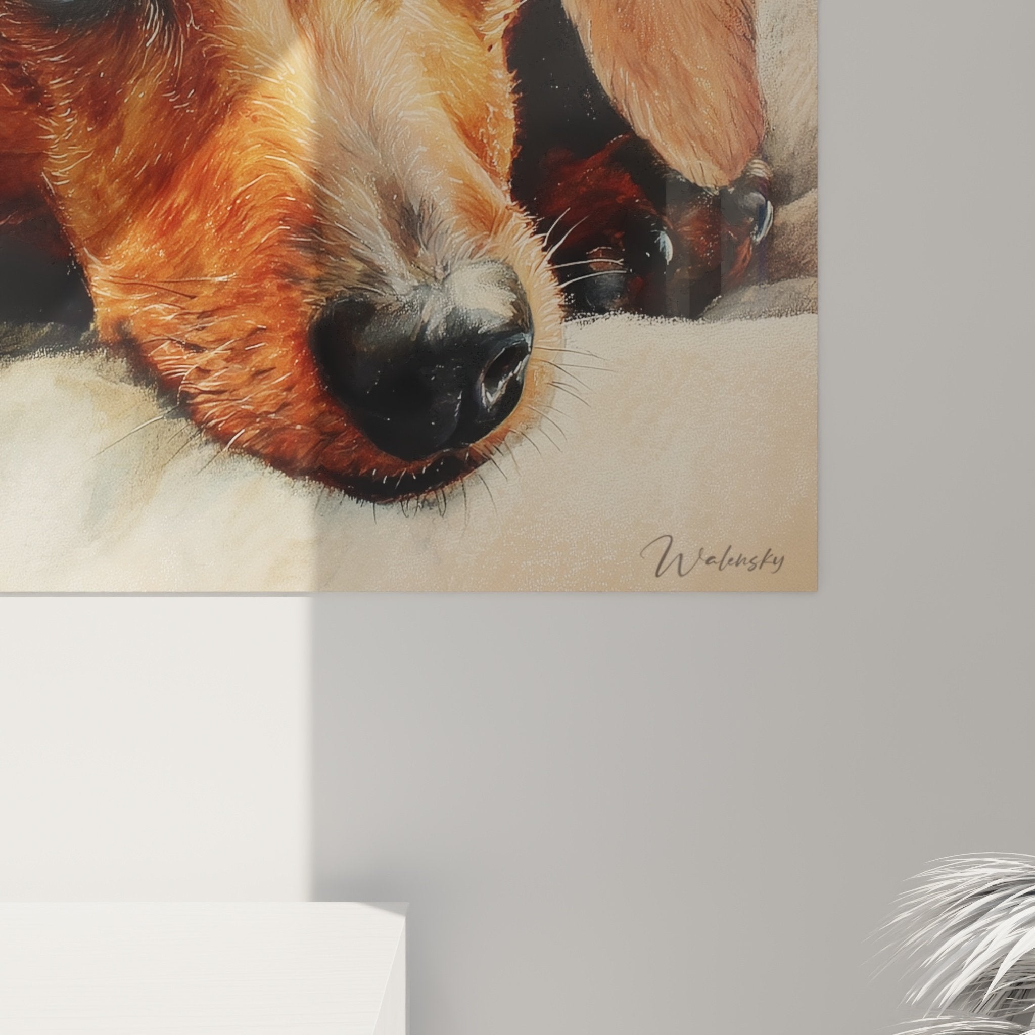 Full view dachshund under blanket artwork, beige and rust tones, modern interior wall art decoration