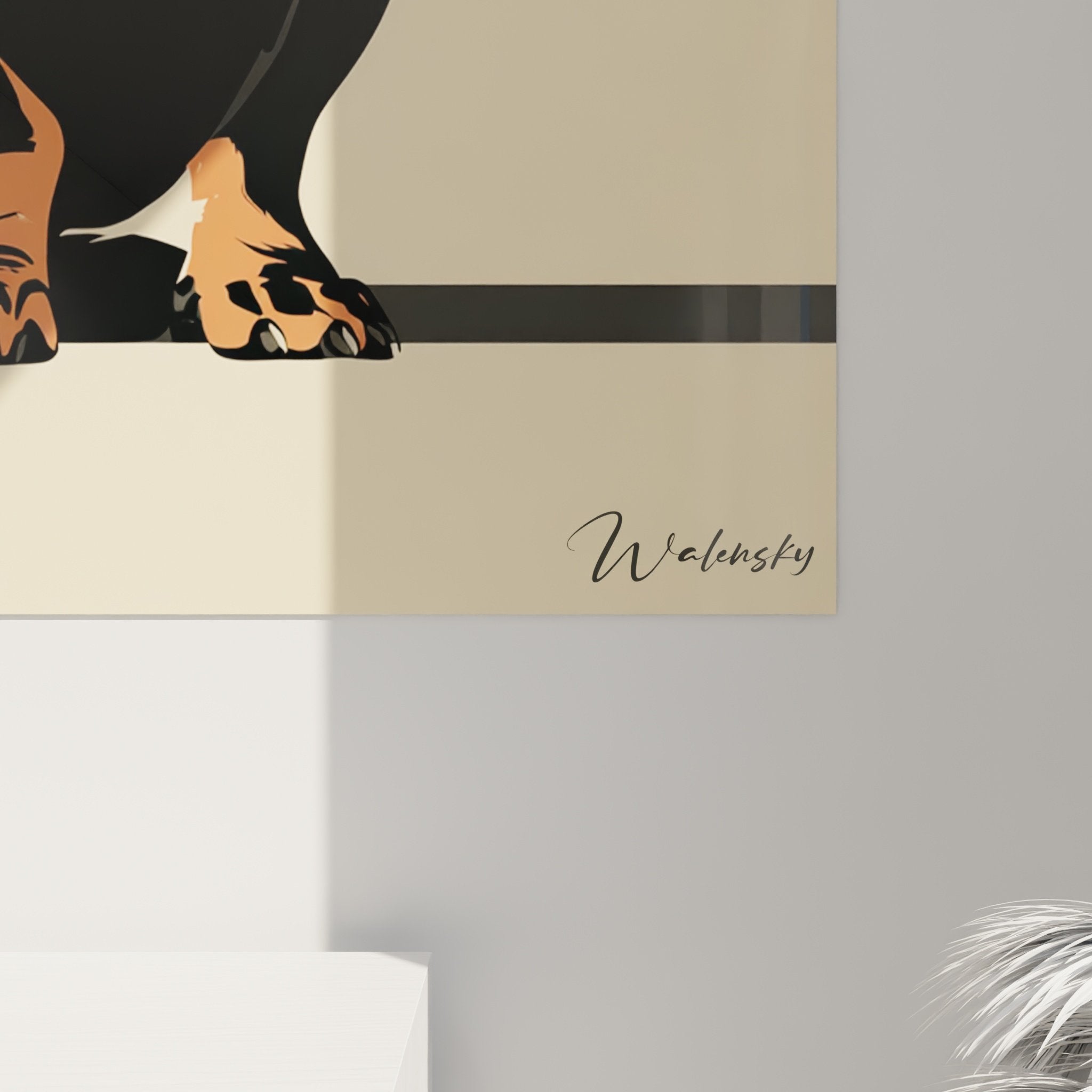 Vue ensemble tableau teckel assis, oeuvre decorative chien style graphique moderne