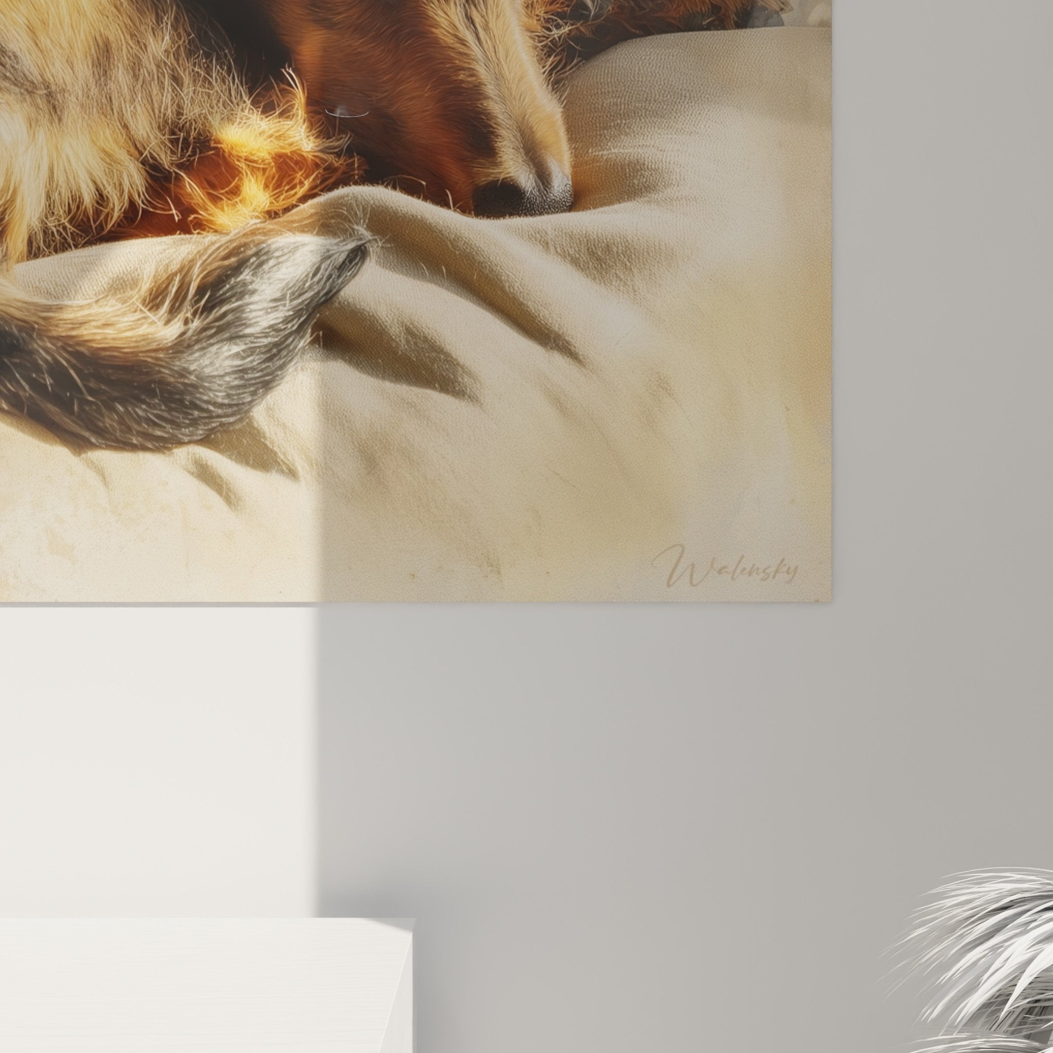 Vue ensemble tableau teckel endormi decoration interieure art mural tons chauds