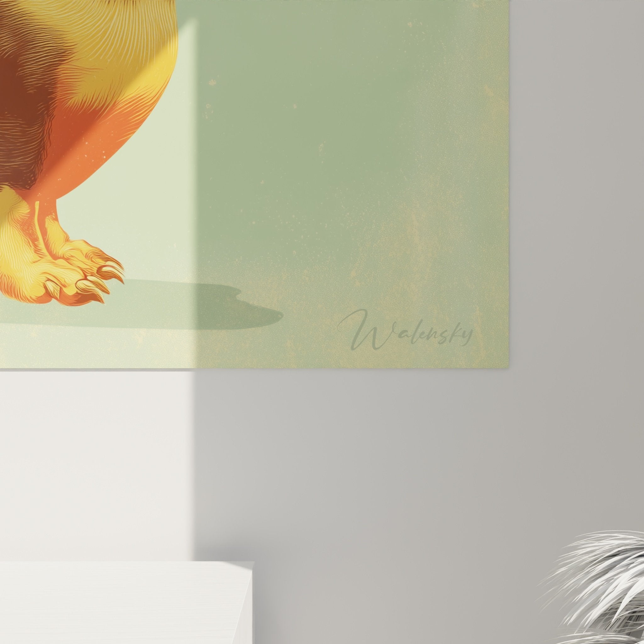 Vue d'ensemble tableau teckel roux fond vert dans intérieur salon déco moderne