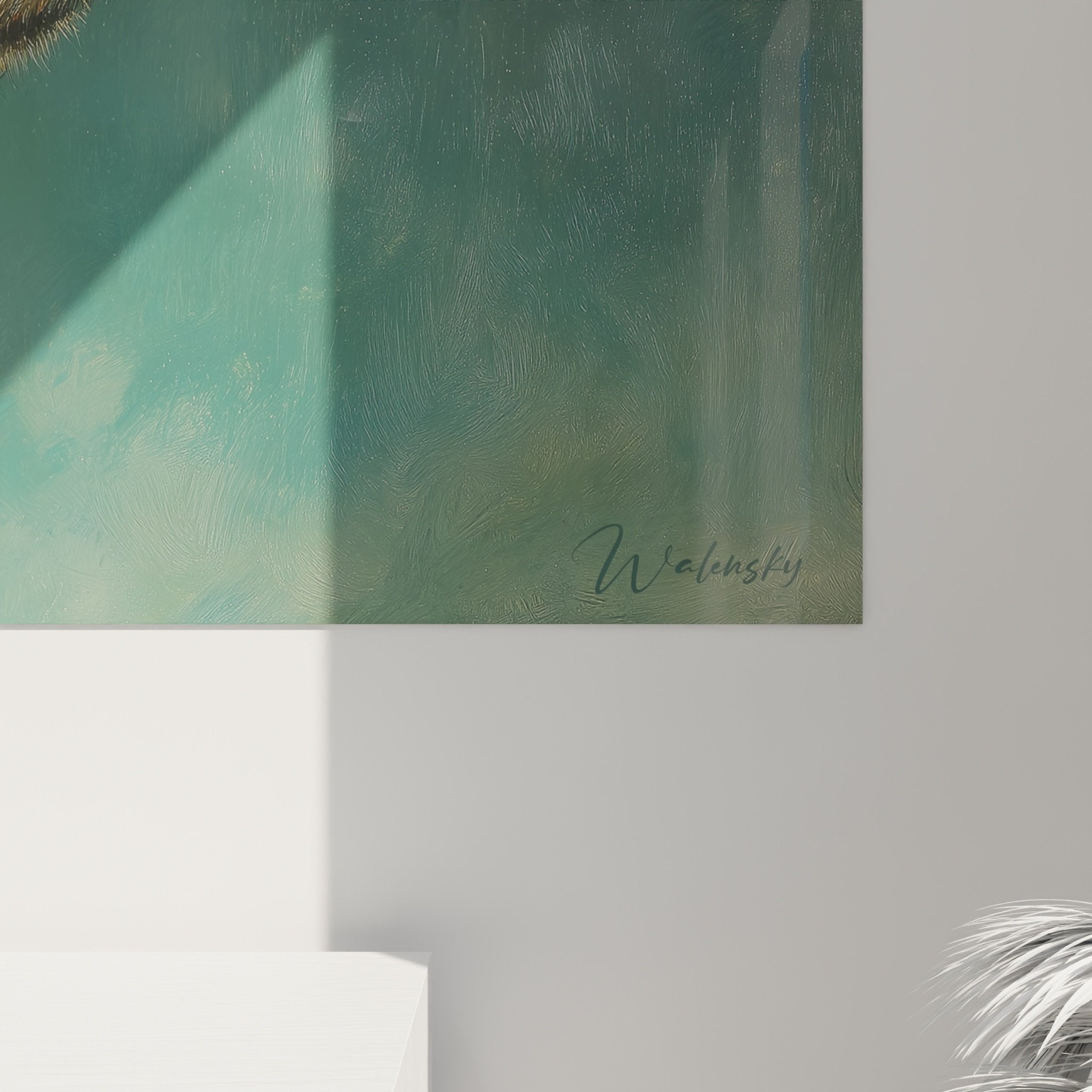 Vue ensemble tableau teckel decoration interieur moderne salon contemporain art mural portrait chien