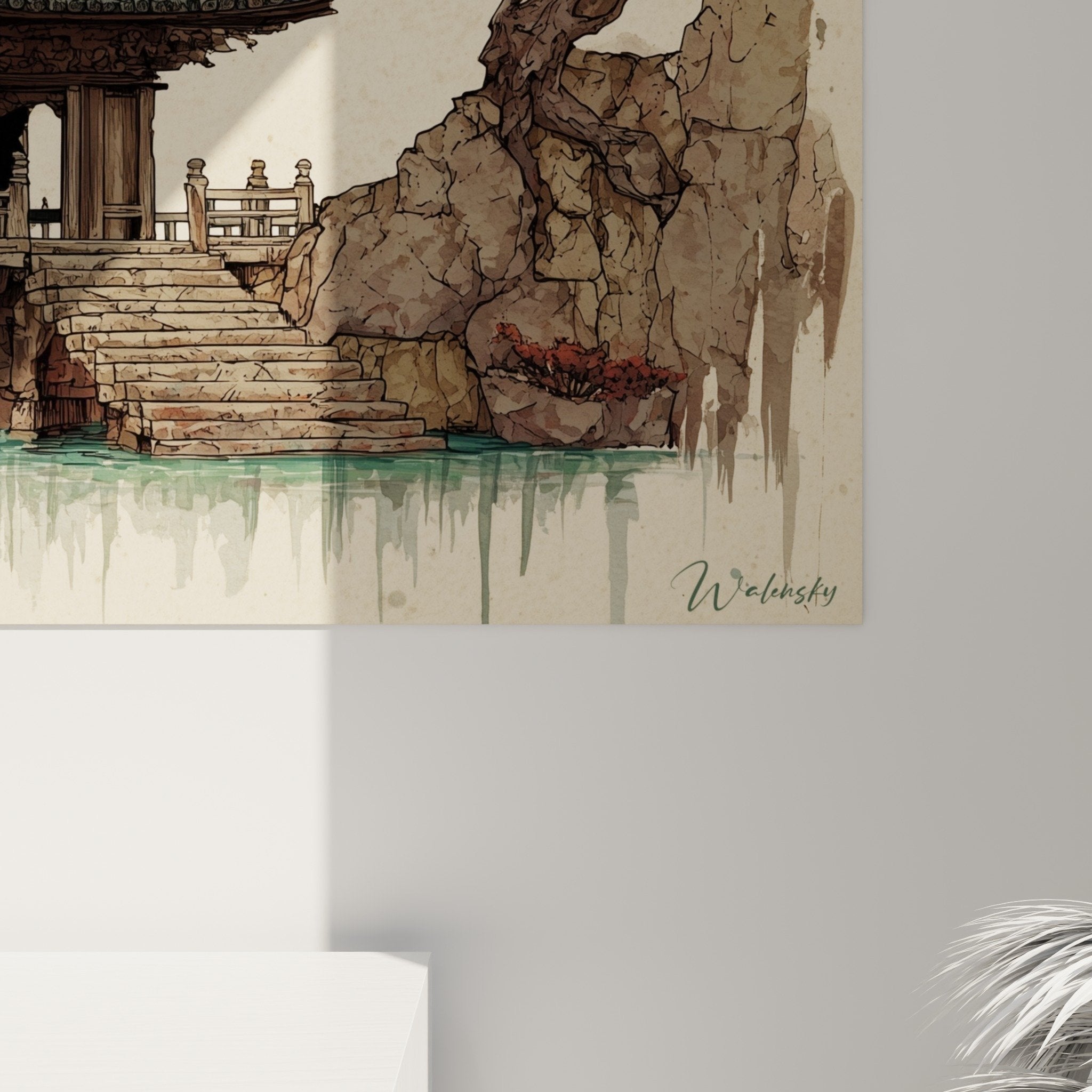 overall view asian temple painting water reflection zen interior decoration pagoda autumn