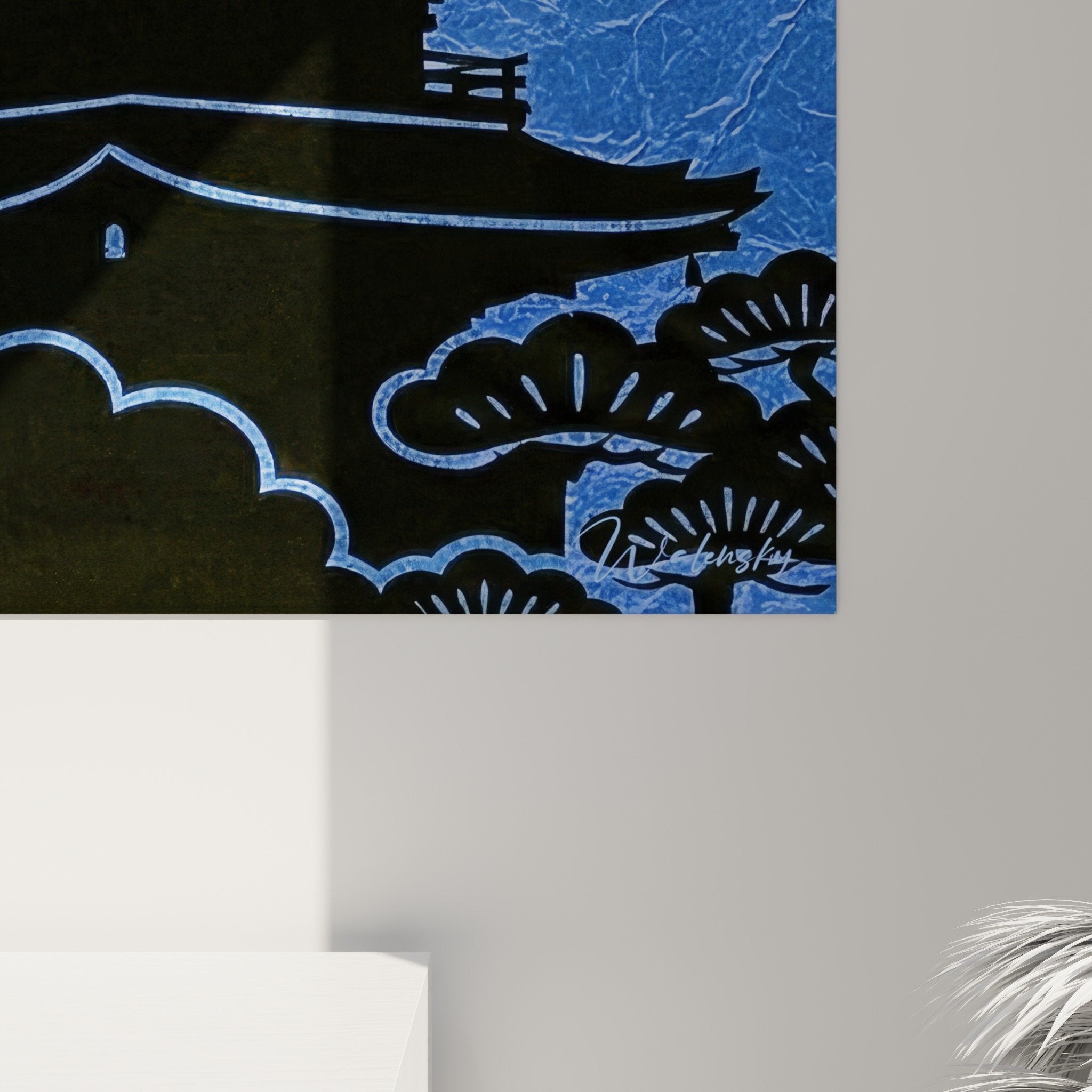 Wandbild buddhistische Tempel Perspektive schwarze Silhouette intensiver blauer Hintergrund spirituelle Kunst Zen Dekoration