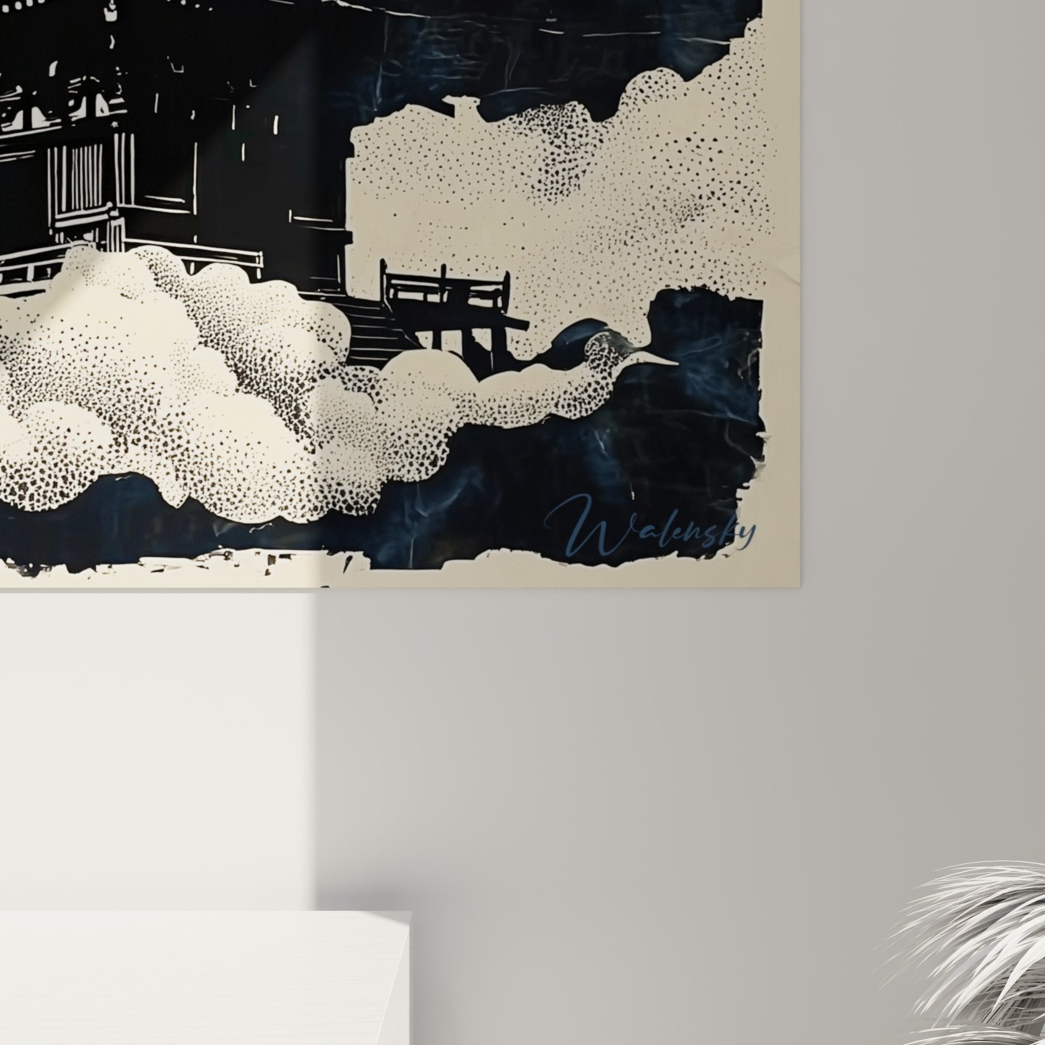Full view pagoda temple Japanese painting black dark background cream clouds zen wall decoration