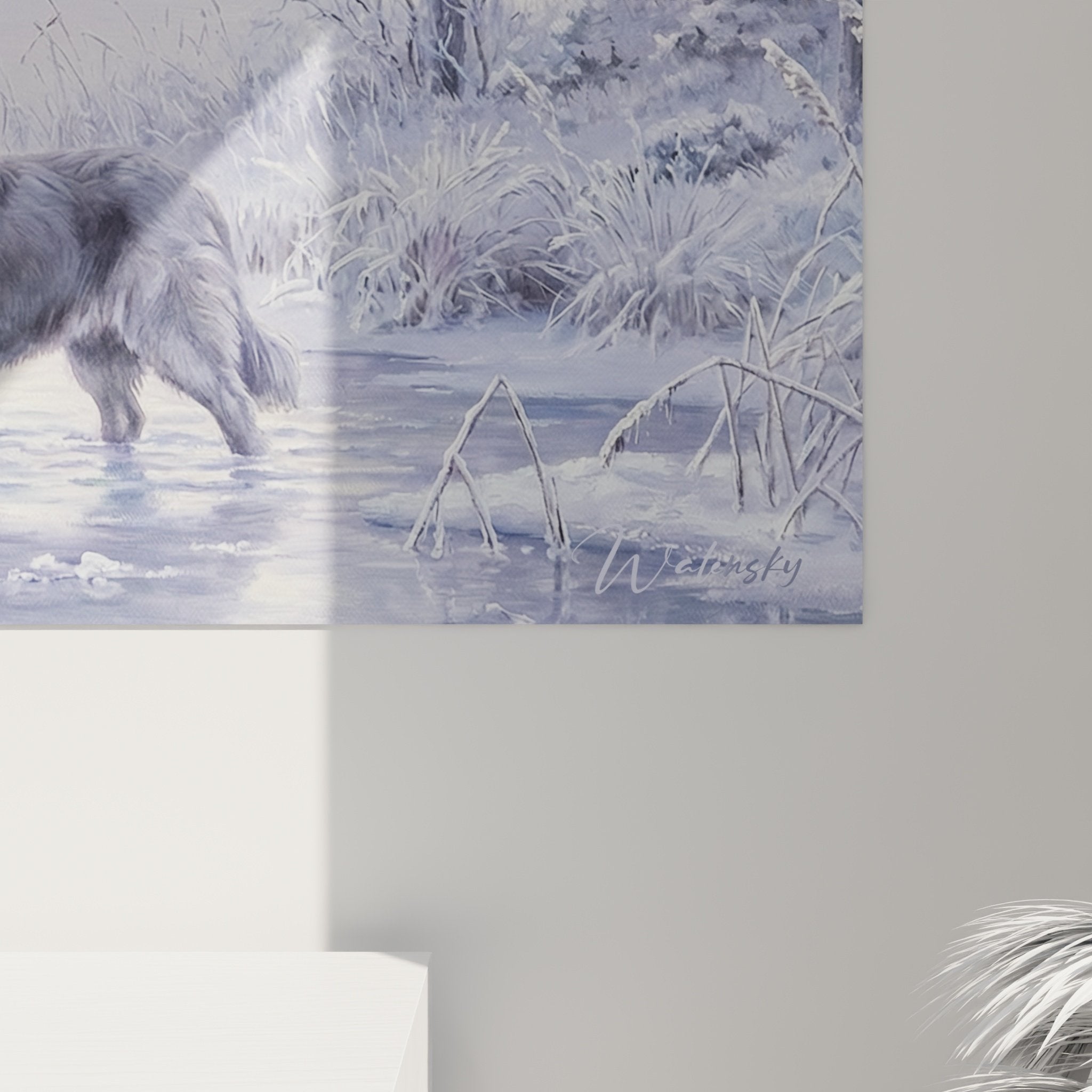 Gesamtansicht Gemälde Neufundland See Schnee Wanddekoration Winterlandschaft Kalttöne Violett
