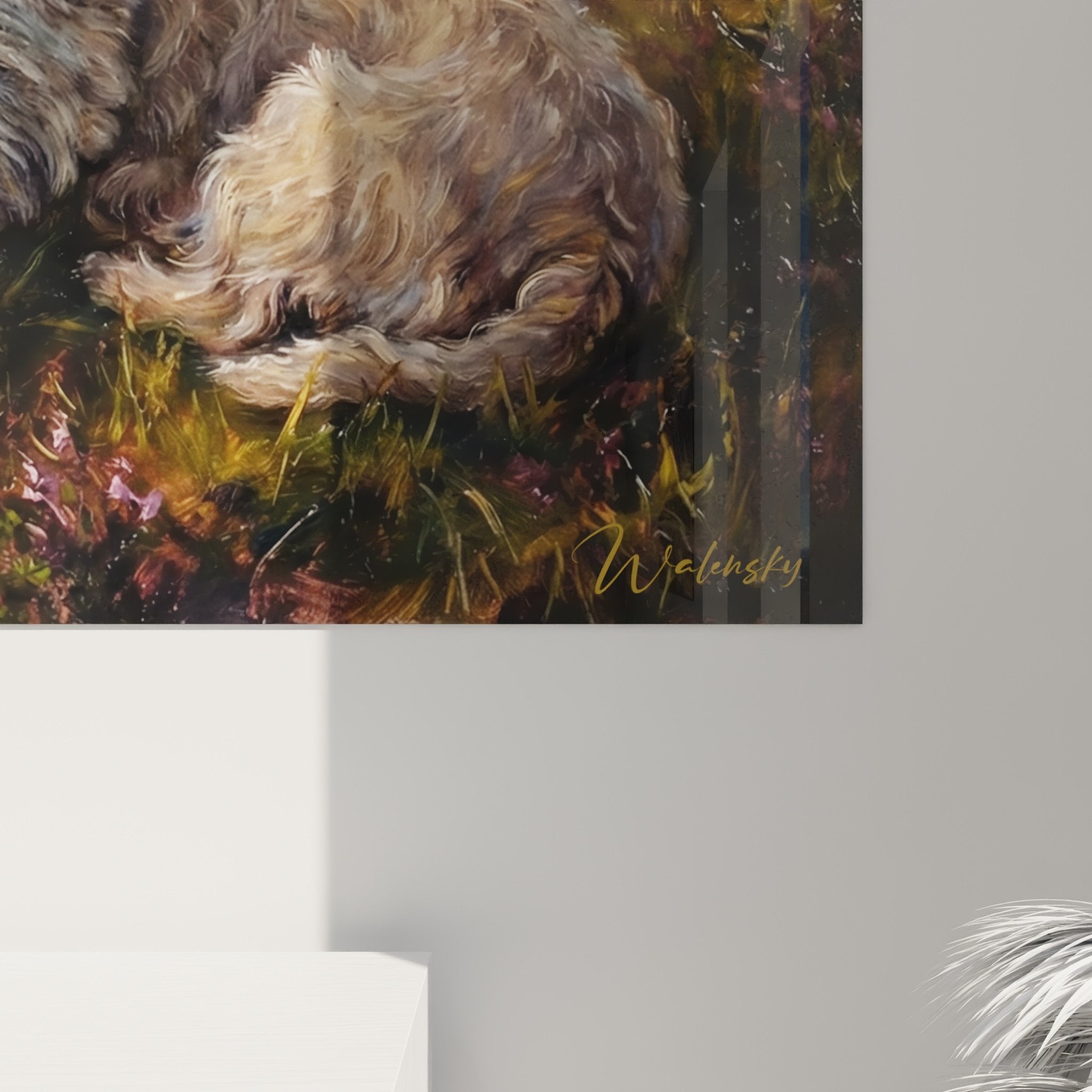 Gesamtansicht Gemälde weißer Terrier Berge goldener Himmel lila Heidekraut Hundekunst romantische Landschaft