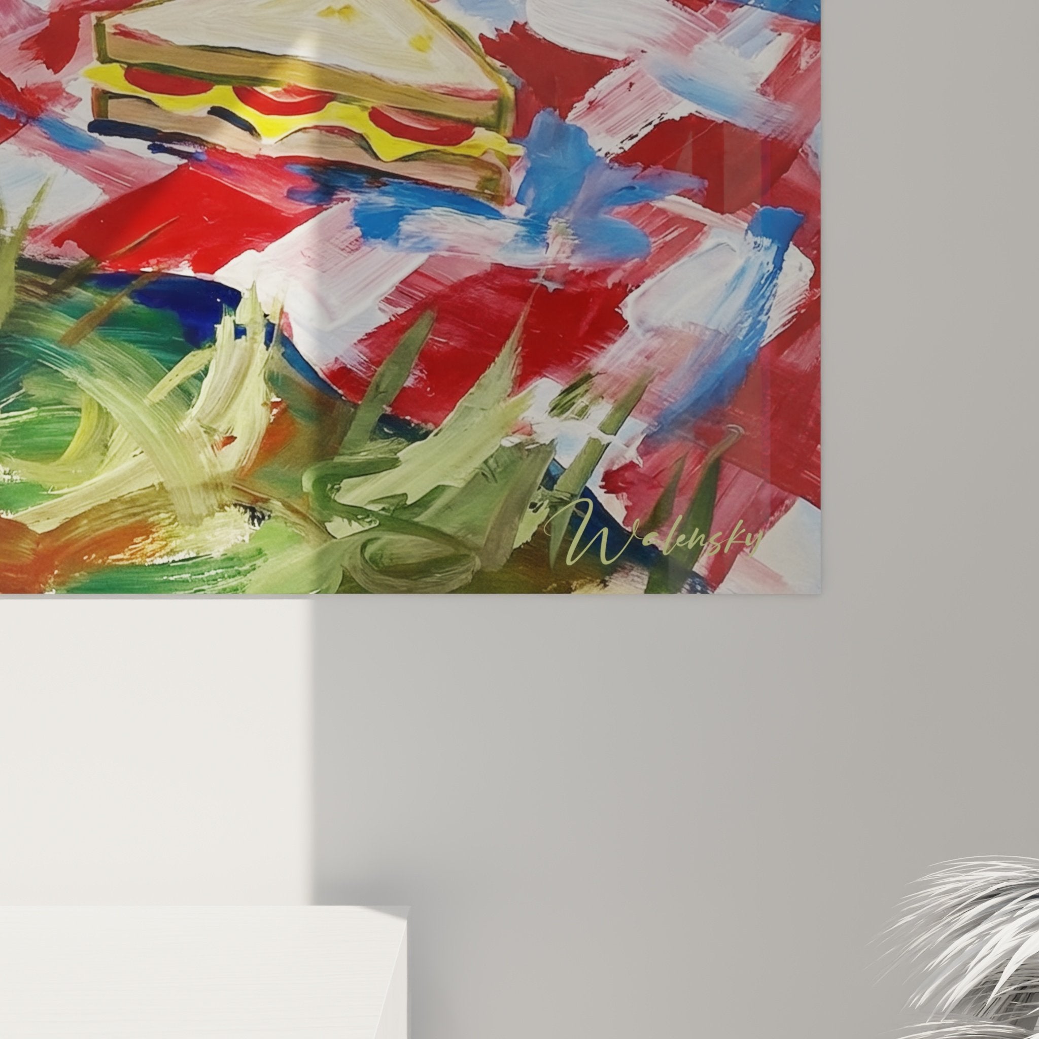 Vue ensemble tableau pique-nique terrier blanc nappe rouge carreaux vegetation verte scene champetre