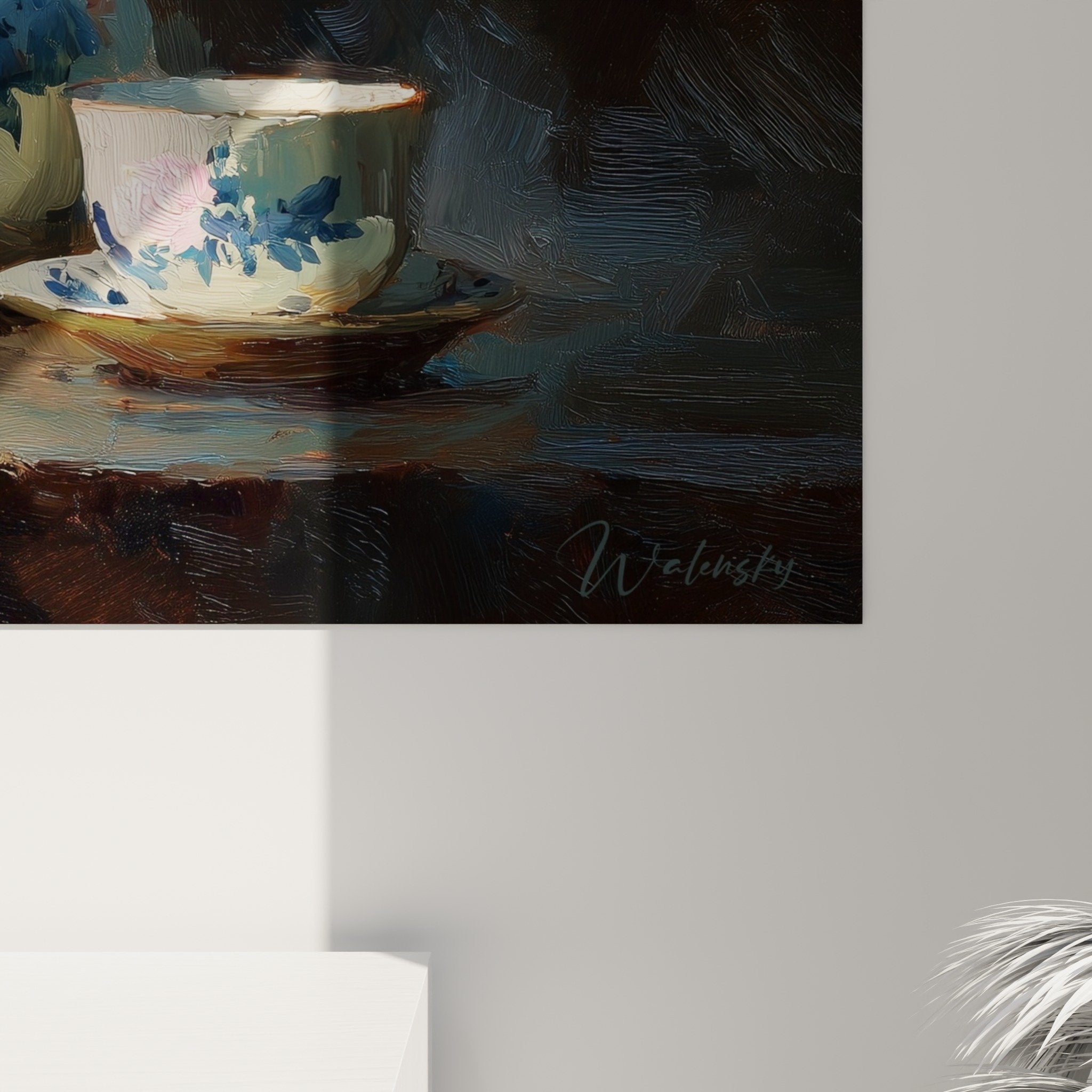 Overall view of Japanese tea porcelain artwork in modern interior zen wall decoration