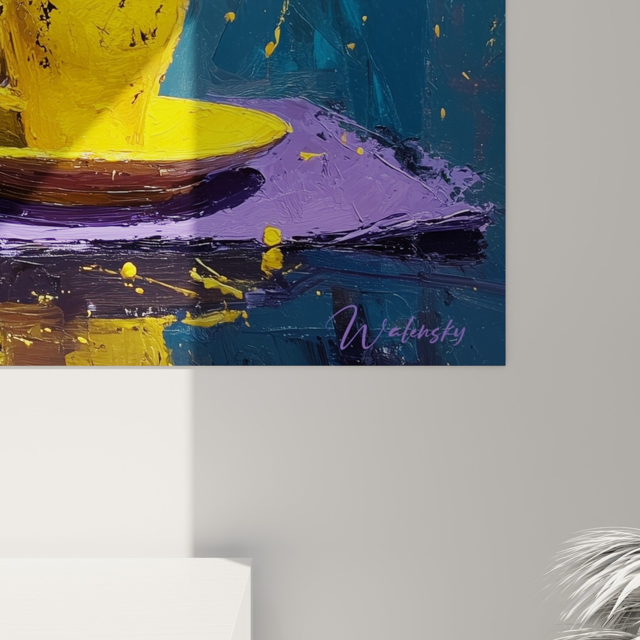 full view yellow japanese tea service artwork on purple table turquoise background modern art