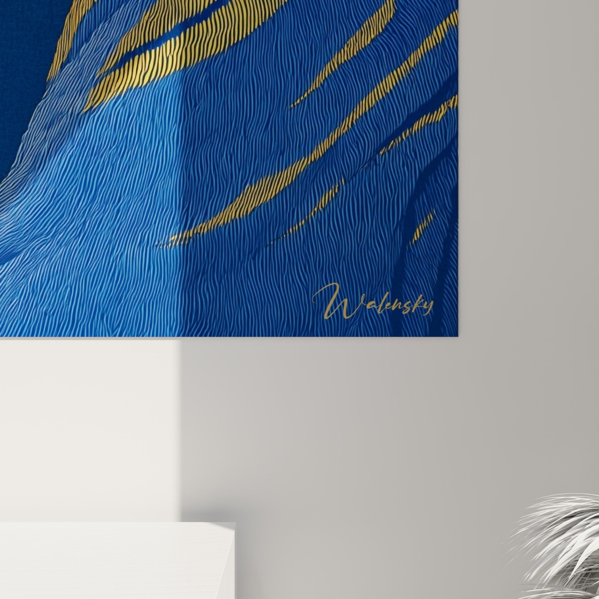 Vue perspective tableau tigre bleu or profil majestueux décoration intérieur moderne
