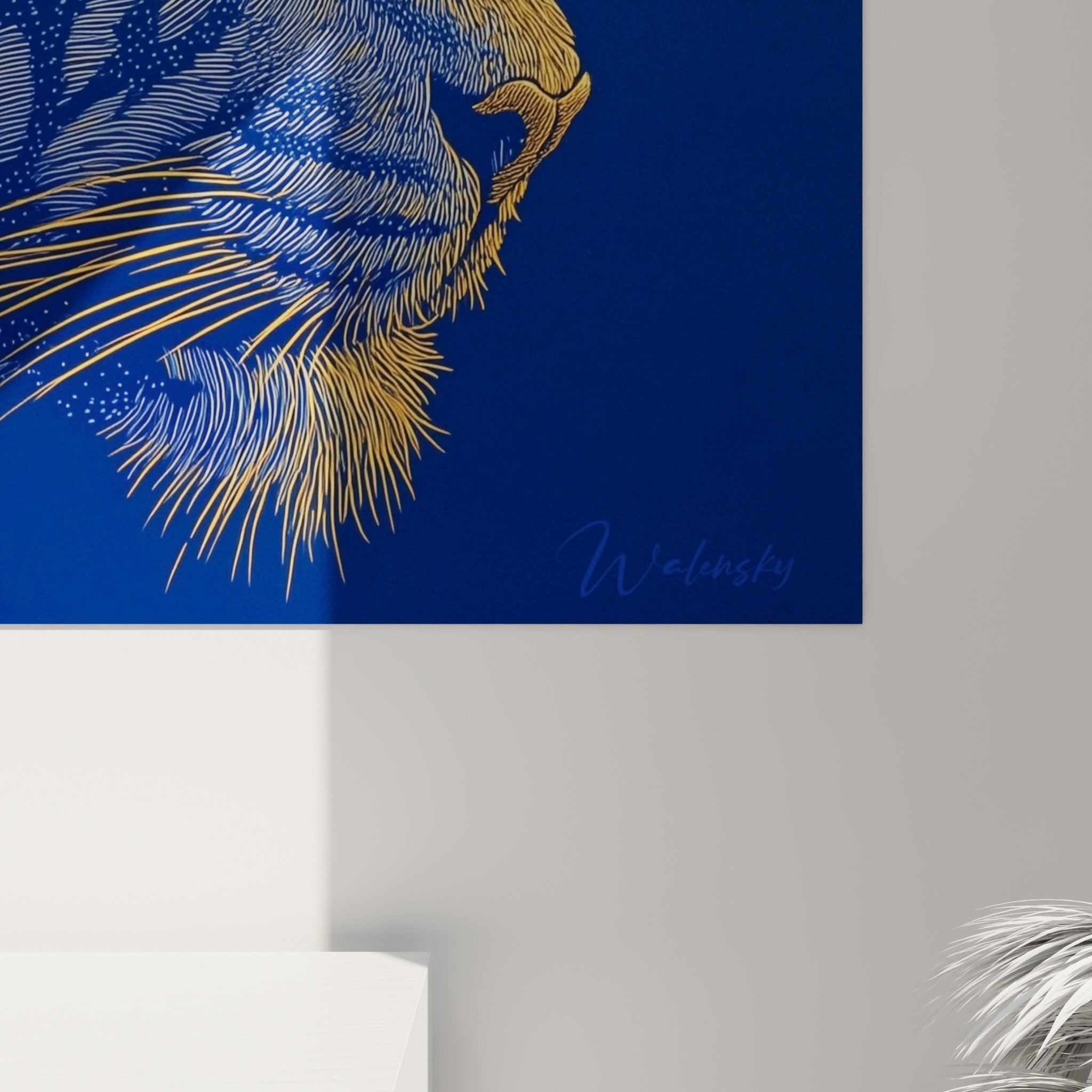 Gesamtansicht modernes Tigerbild blauGold elegante Wanddekoration