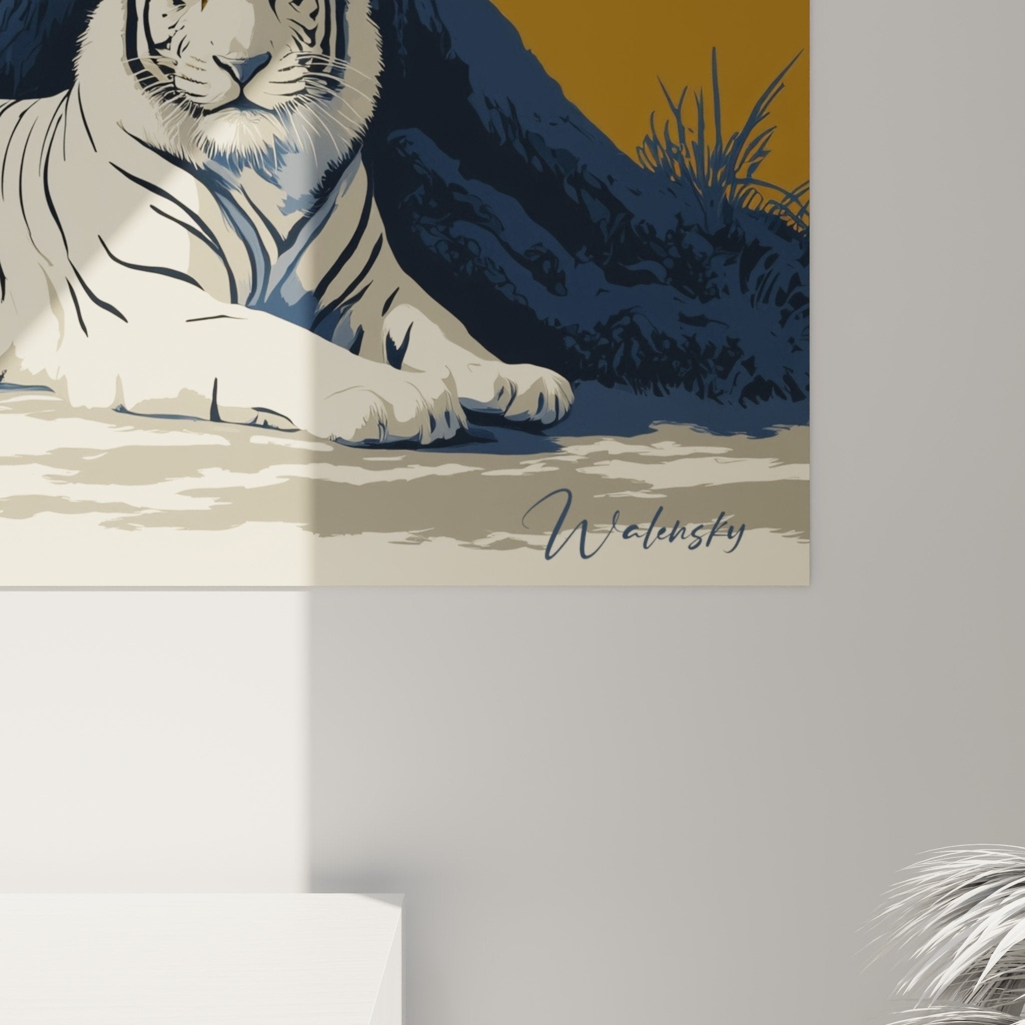 White tiger tree painting overall view golden decor modern interior sophisticated wall art