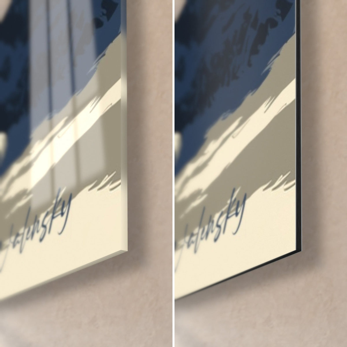 Wall art white tiger, lower right corner: glossy acrylic glass on the left, matte Dibond aluminium on the right, thin edge, signature