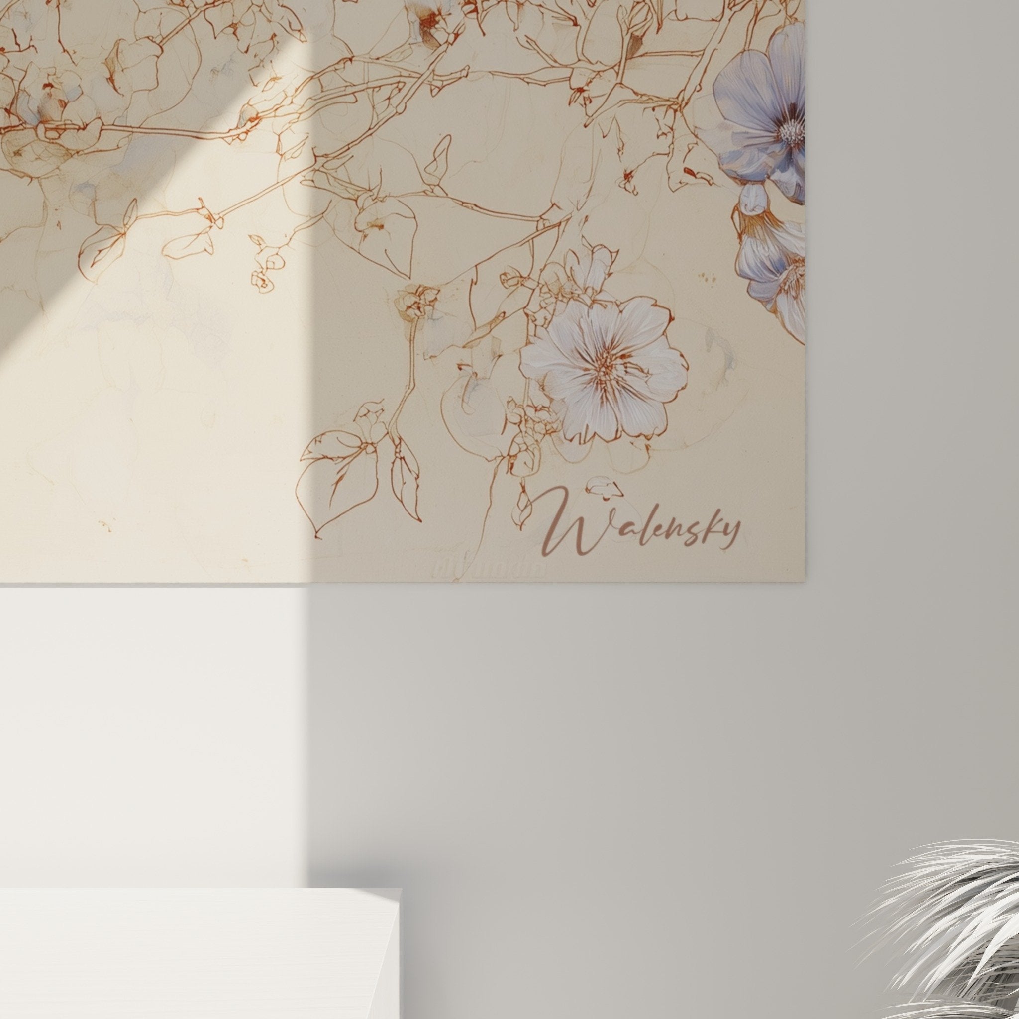 vue ensemble tableau tigre fleurs bleues salon decoration interieur moderne nature