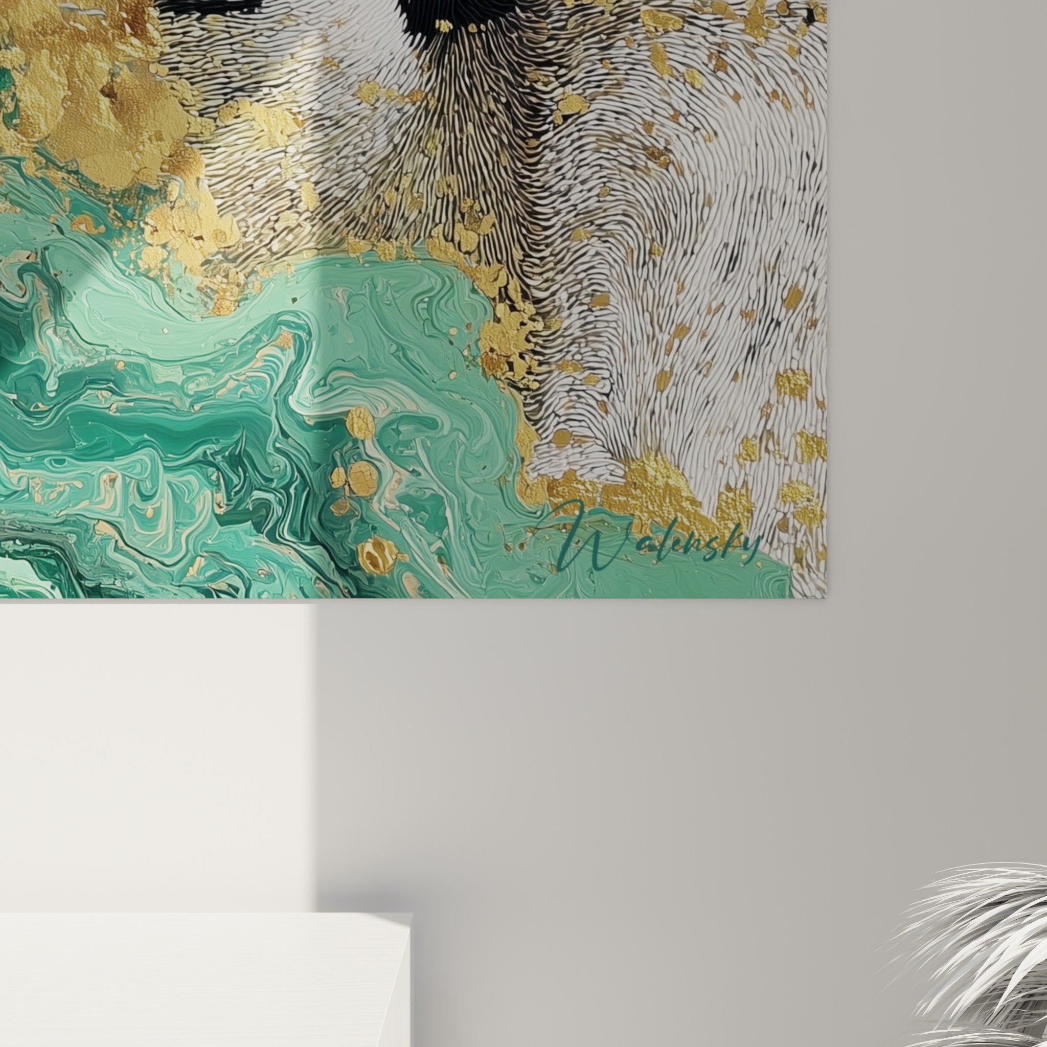 Gesamtansicht Tigerbild Türkis-Marmor, modernes Tiermotiv-Kunstwerk, intensiver Blick Wanddekoration