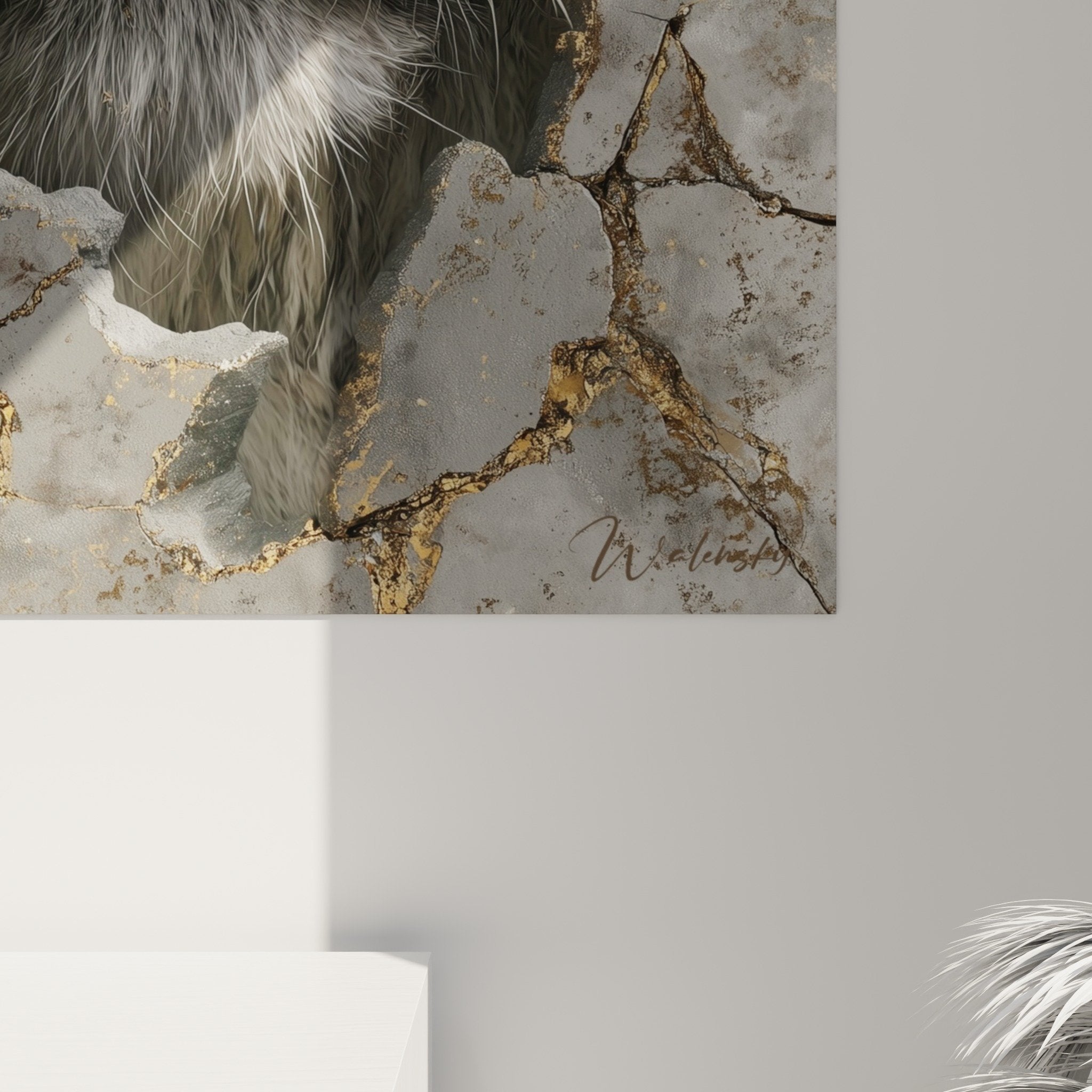 Gesamtansicht Tigerbild Marmor Gold Wohnzimmer Büro Dekoration zeitgenössische Kunst wildes Tier