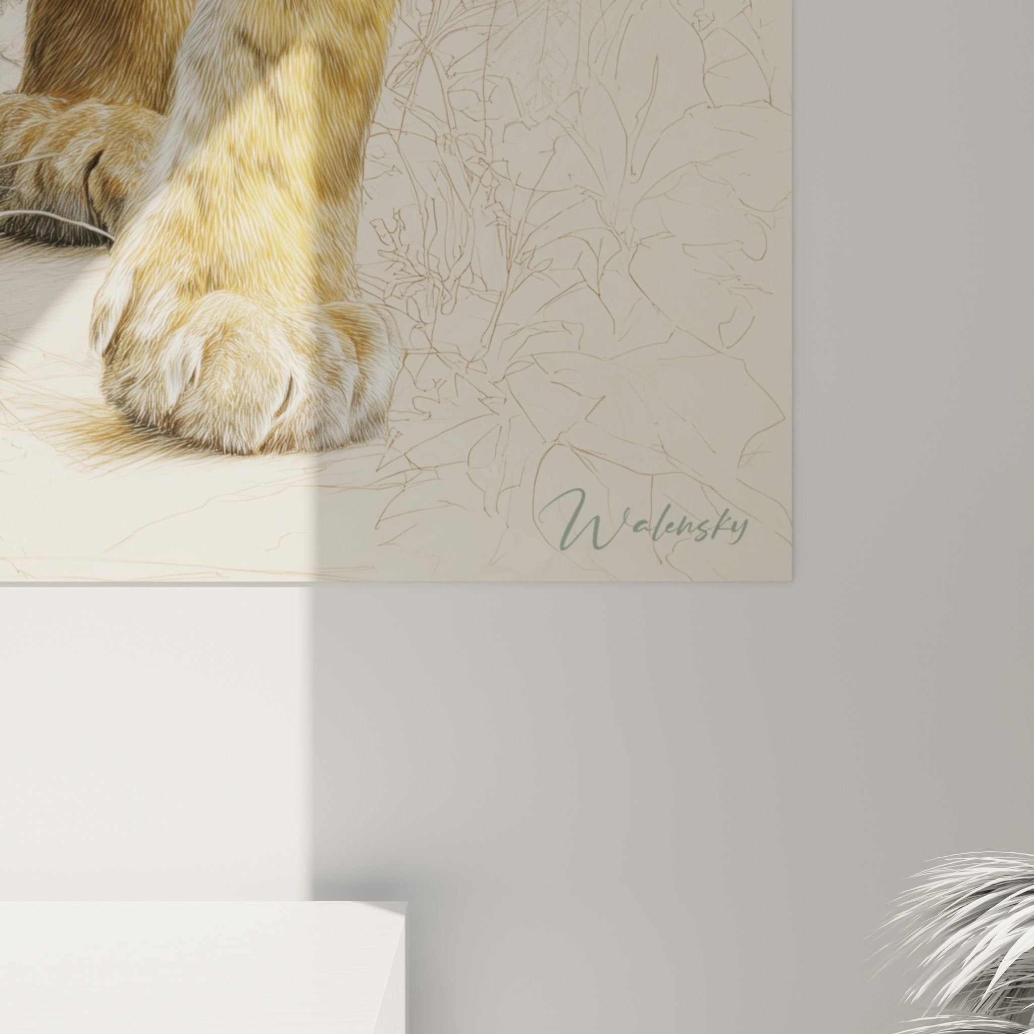 vue ensemble tableau tigre naturaliste couleurs harmonieuses orange violet beige decoration interieur