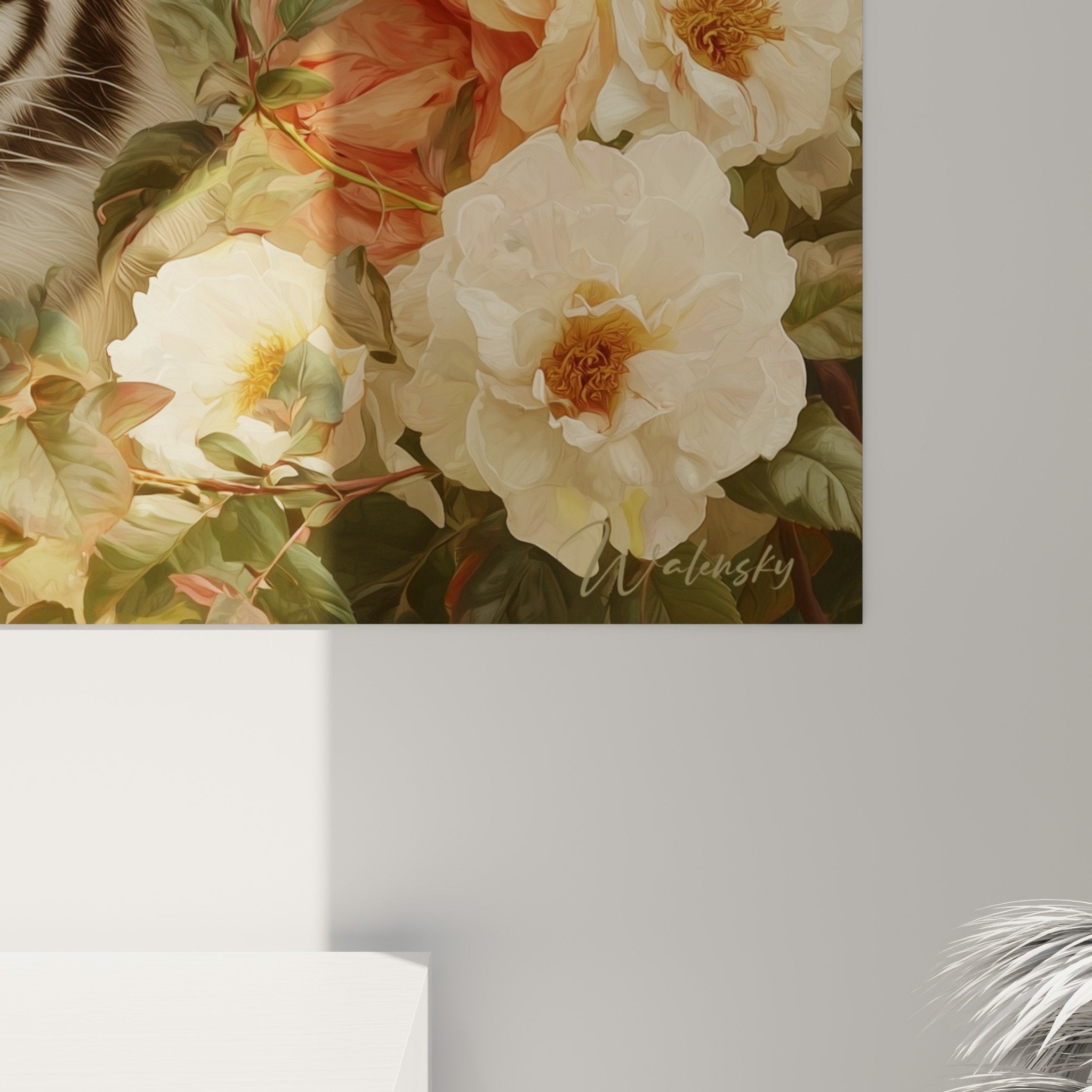 Vue ensemble tableau mural tigre pivoines composition florale decoration interieur style rafine nature sauvage