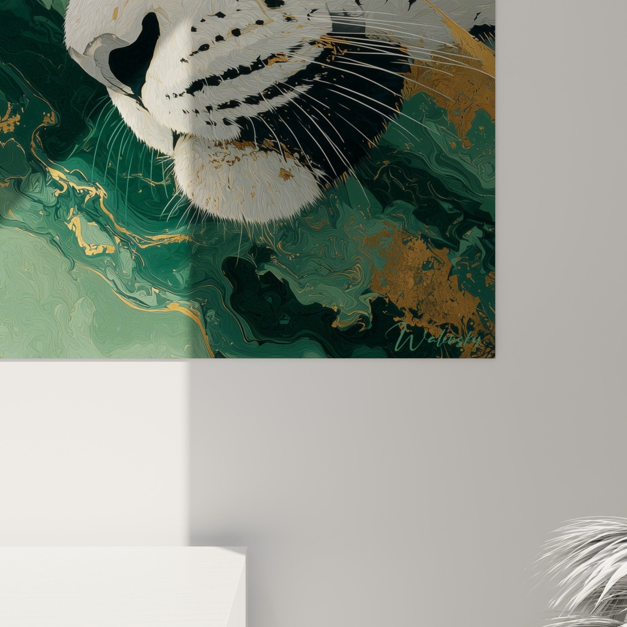 Overall view white tiger artwork gold marble green background modern living room decor contemporary wall art