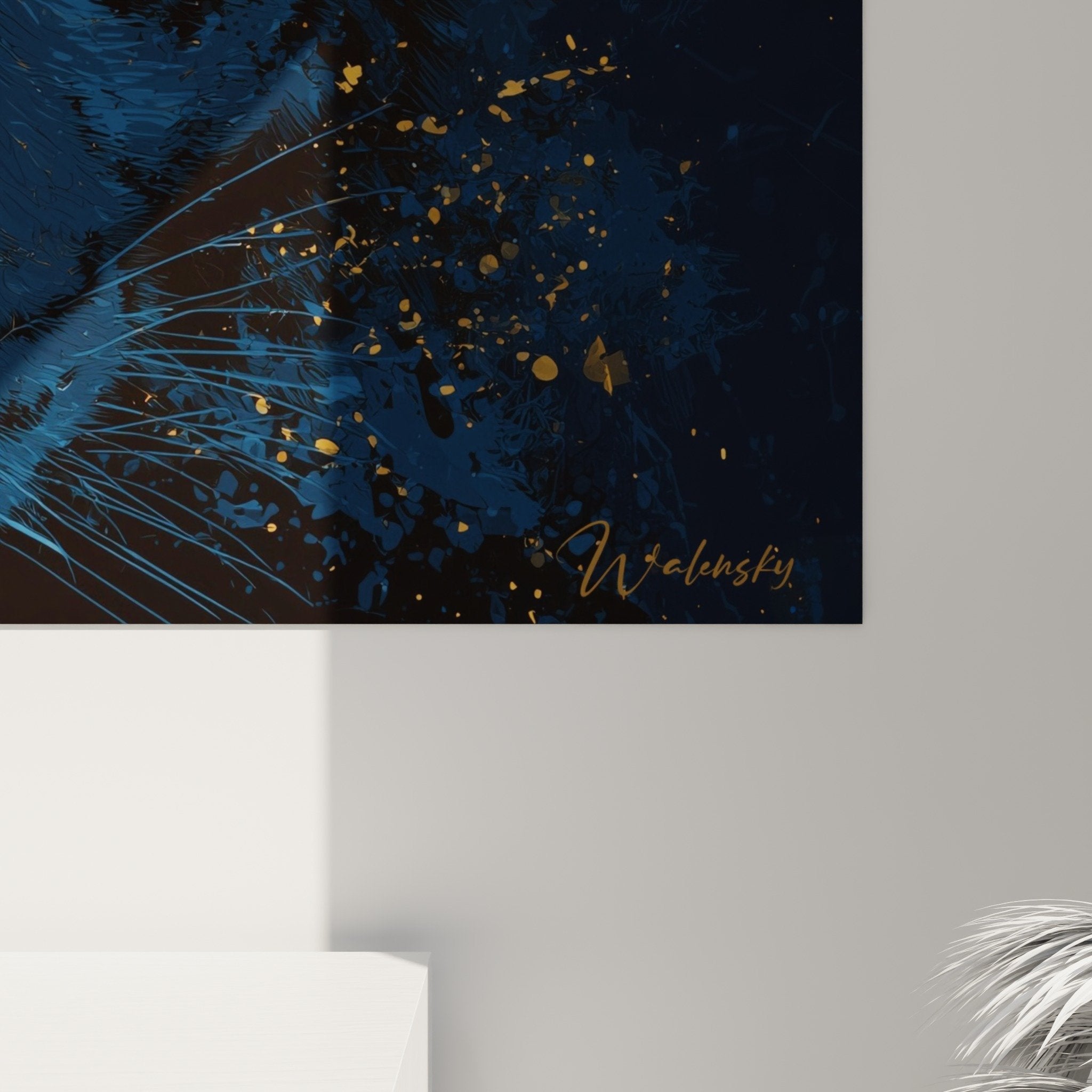 Vue ensemble tableau tigre face divisée orange bleu salon moderne décoration murale contemporaine