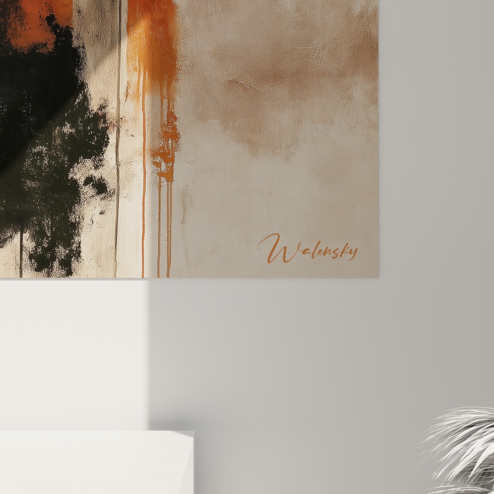 Vue ensemble tableau abstrait tons mineraux ocre beige noir composition verticale feng shui centre terre