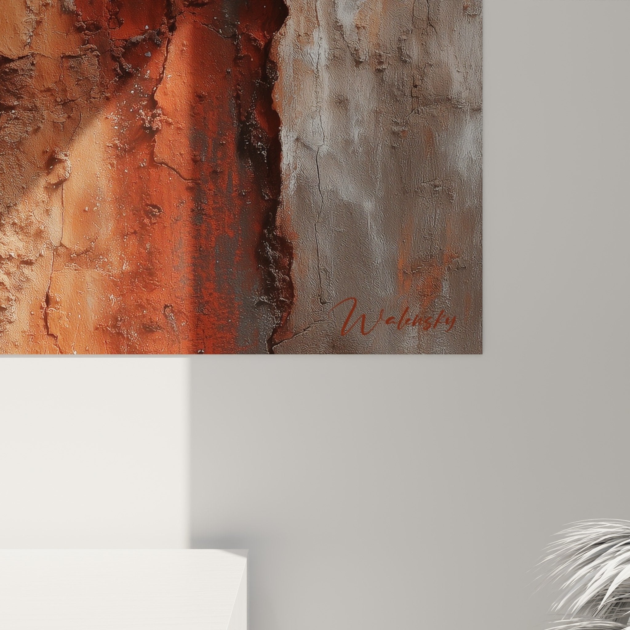 Overall view abstract painting earthy tones ochre beige wall art feng shui earth center